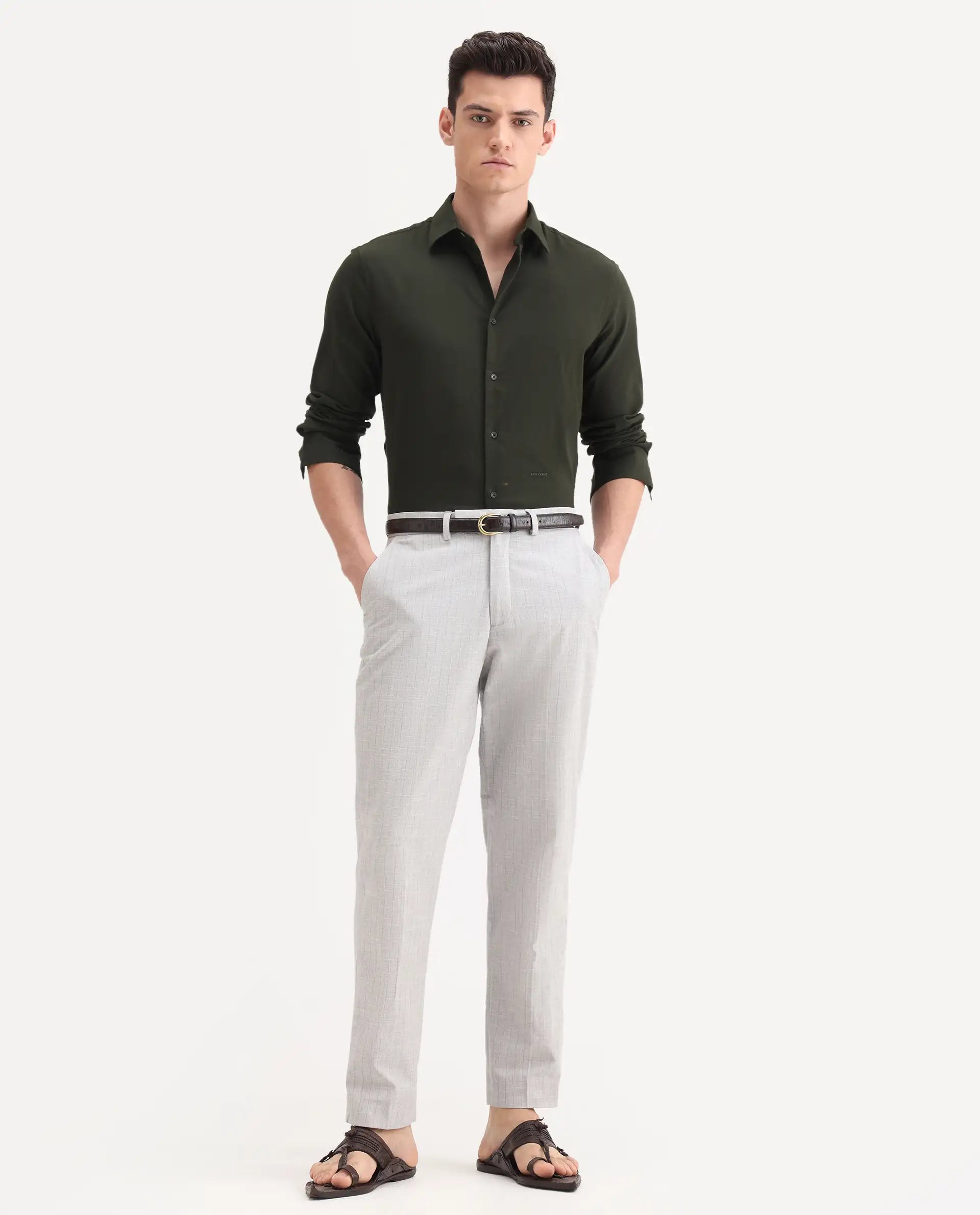 Rare Rabbit Men's Zimba Grey Polyester Blend Striped Print Straight Fit Trouser