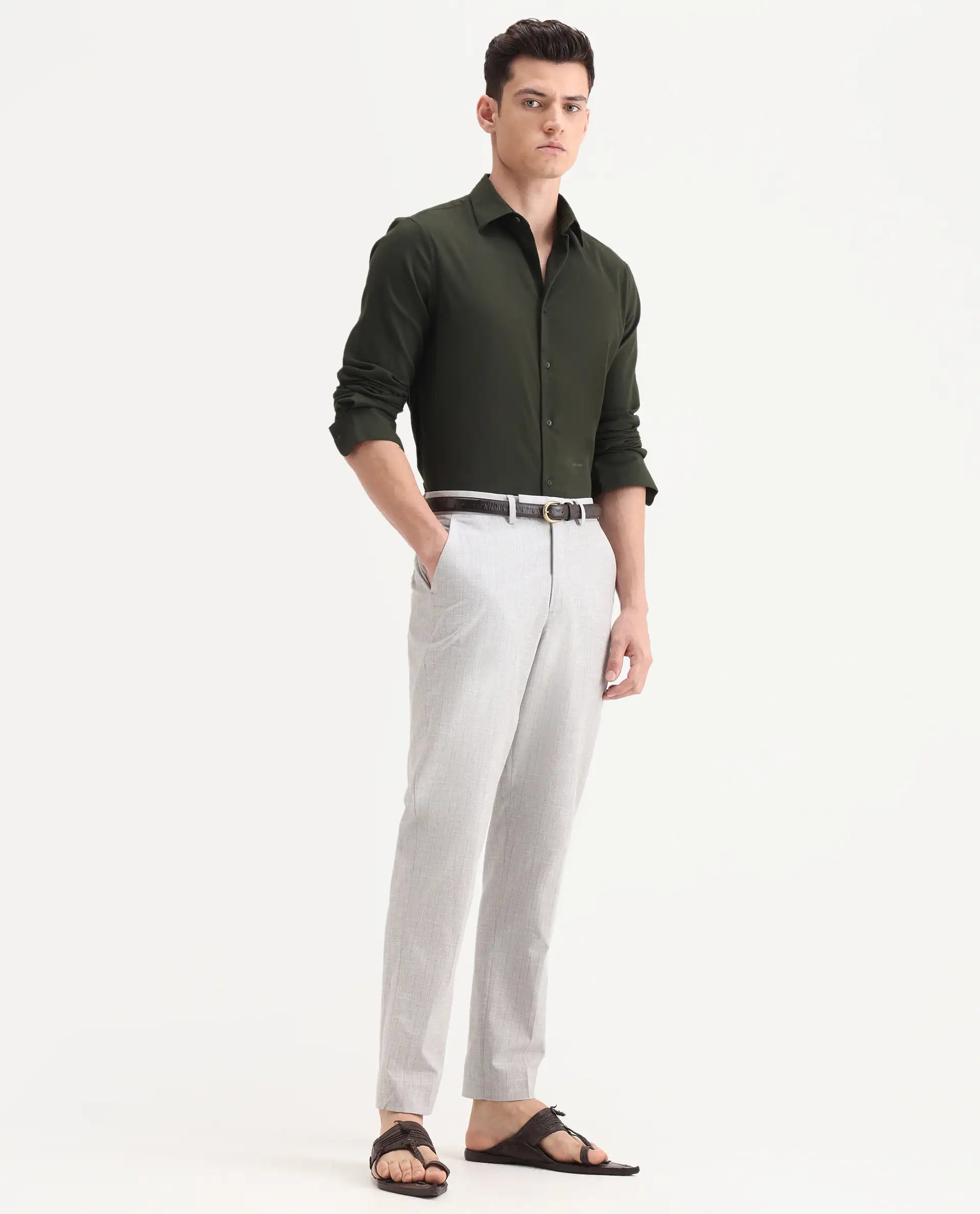 Rare Rabbit Men's Zimba Grey Polyester Blend Striped Print Straight Fit Trouser