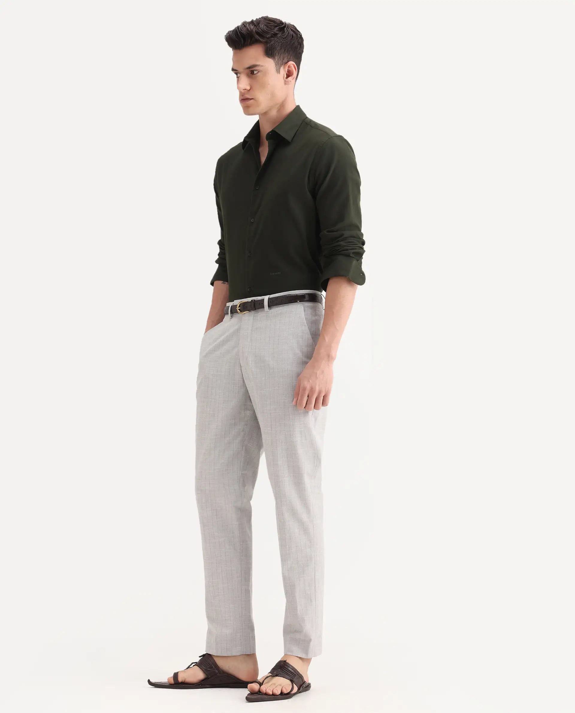 Rare Rabbit Men's Zimba Grey Polyester Blend Striped Print Straight Fit Trouser