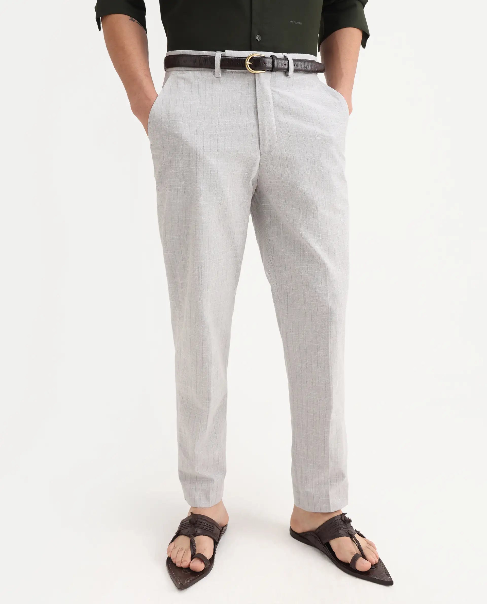 Rare Rabbit Men's Zimba Grey Polyester Blend Striped Print Straight Fit Trouser