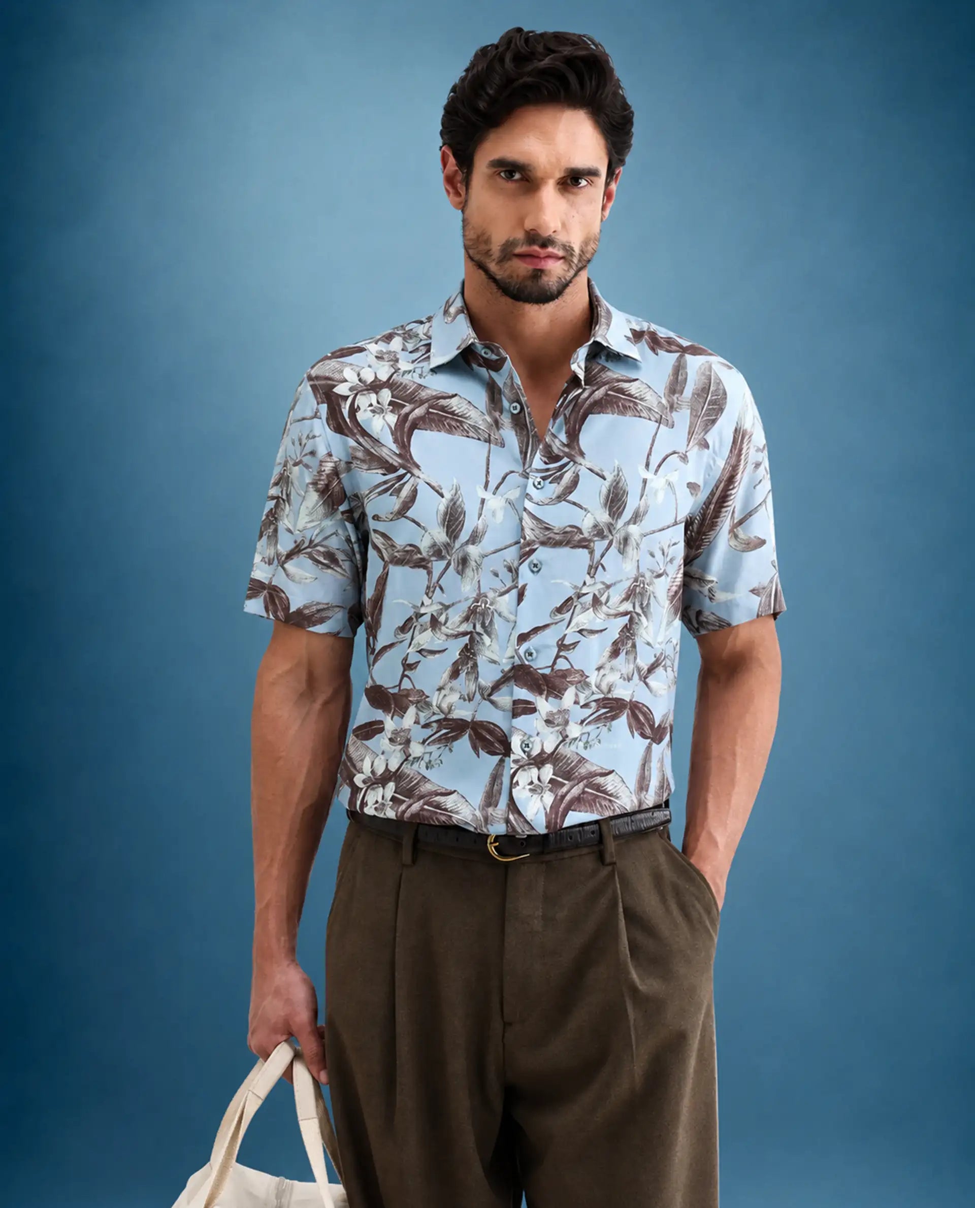 Rare Rabbit Men's Zime Dusky Blue Viscose Fabric Half Sleeve Cuban Collar Regular Fit Tropical Print Shirt