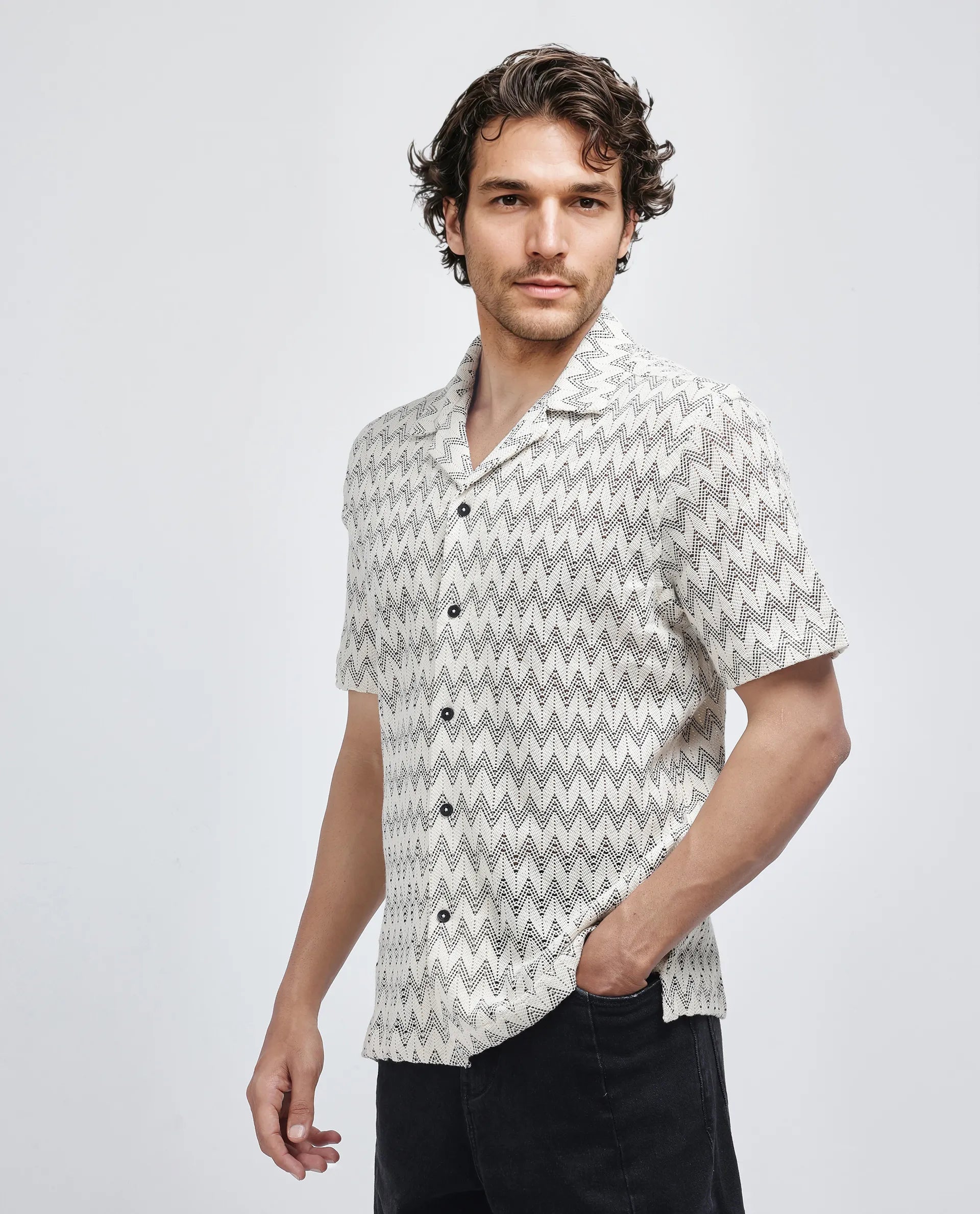 Rare Rabbit Men's Zina Off White Cotton Fabric Short Sleeve Collared Neck Knitted Shirt