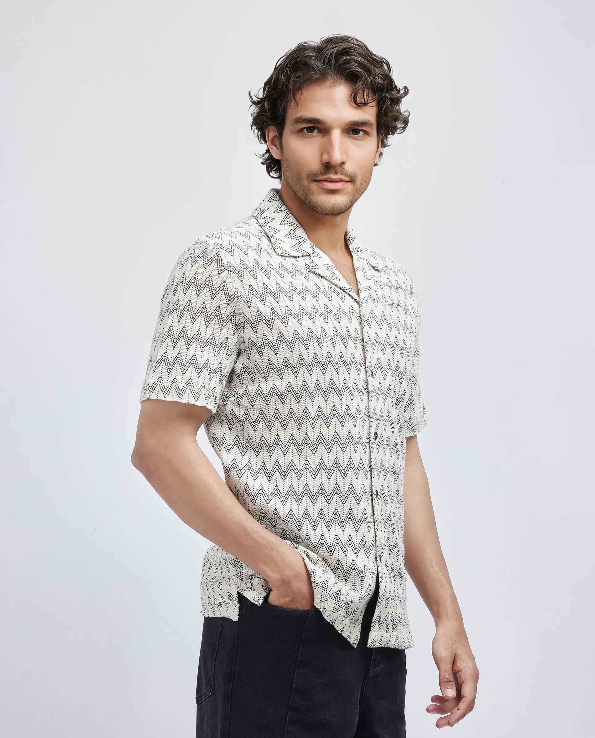 Rare Rabbit Men's Zina Off White Cotton Fabric Short Sleeve Collared Neck Knitted Shirt