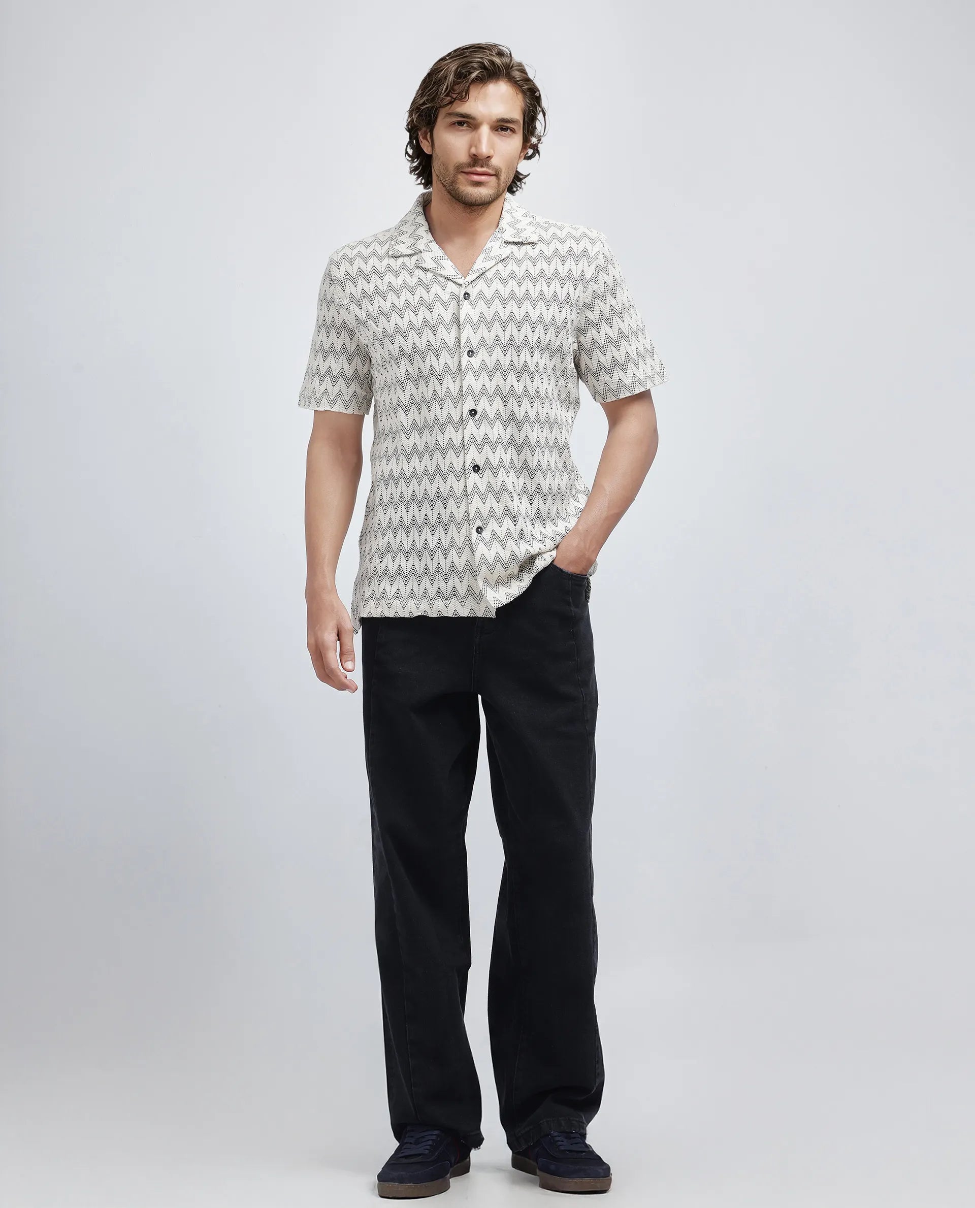 Rare Rabbit Men's Zina Off White Cotton Fabric Short Sleeve Collared Neck Knitted Shirt