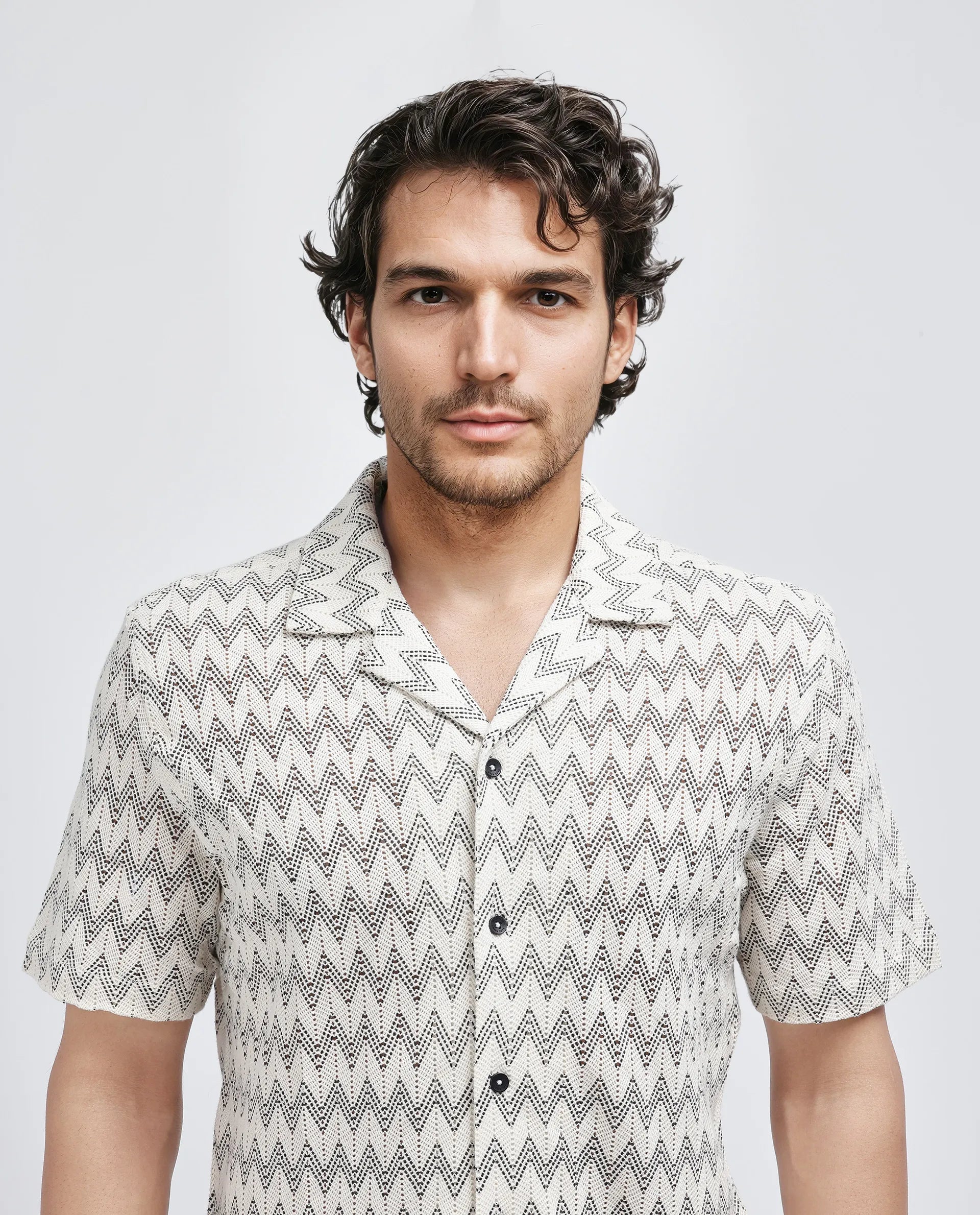 Rare Rabbit Men's Zina Off White Cotton Fabric Short Sleeve Collared Neck Knitted Shirt