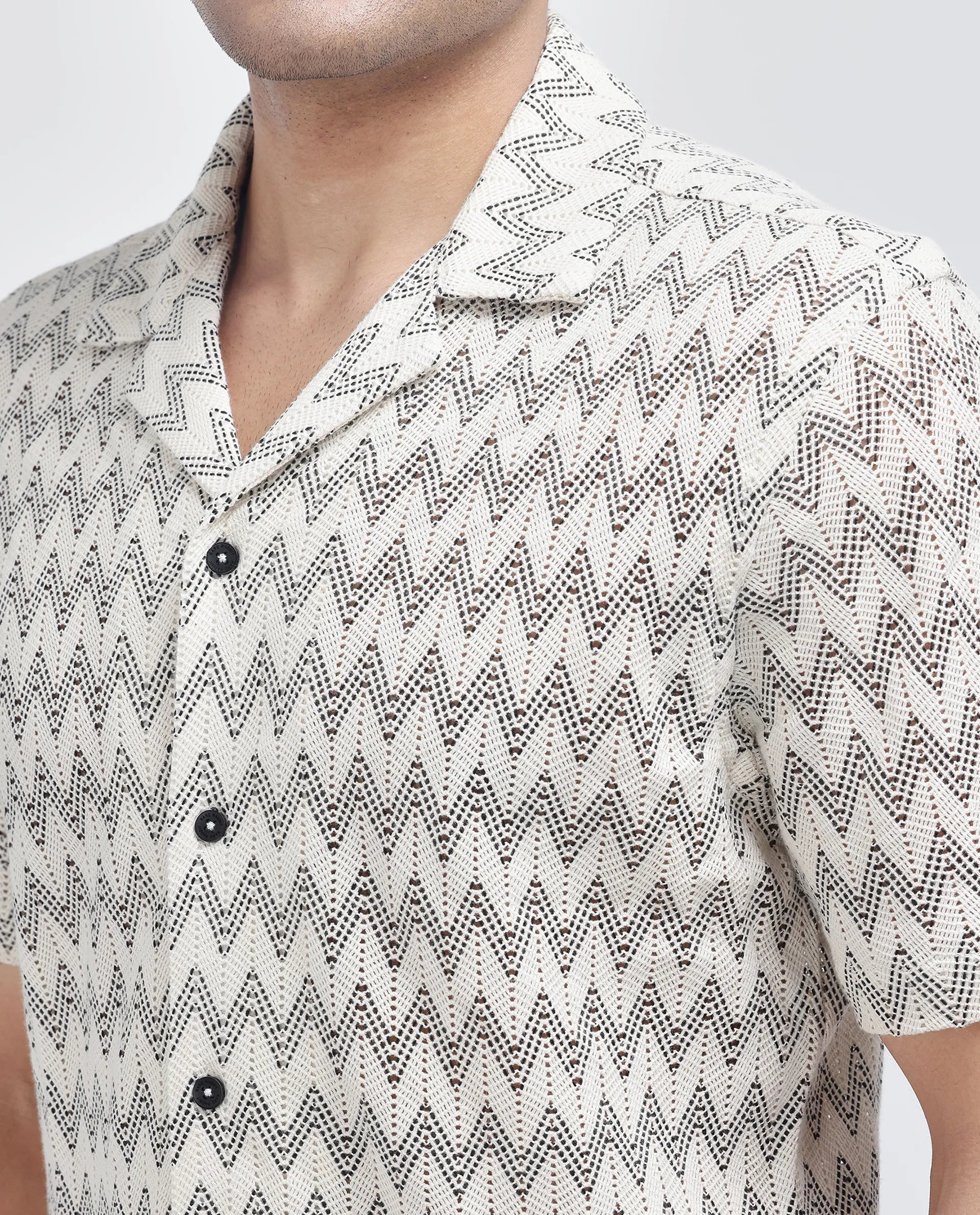 Rare Rabbit Men's Zina Off White Cotton Fabric Short Sleeve Collared Neck Knitted Shirt