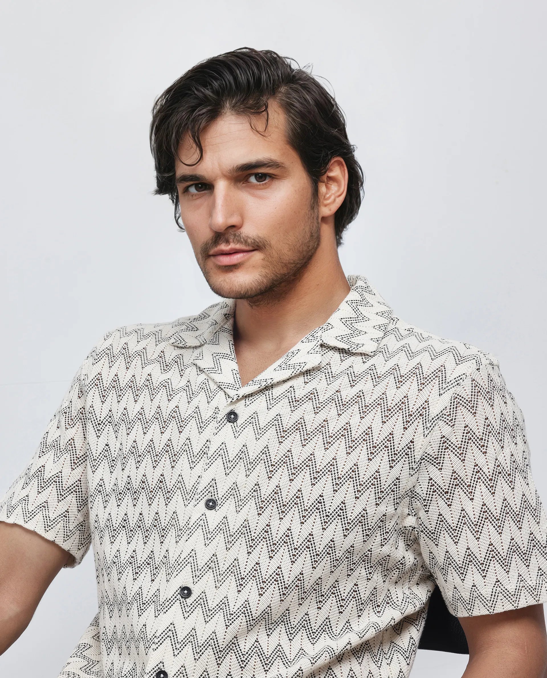 Rare Rabbit Men's Zina Off White Cotton Fabric Short Sleeve Collared Neck Knitted Shirt