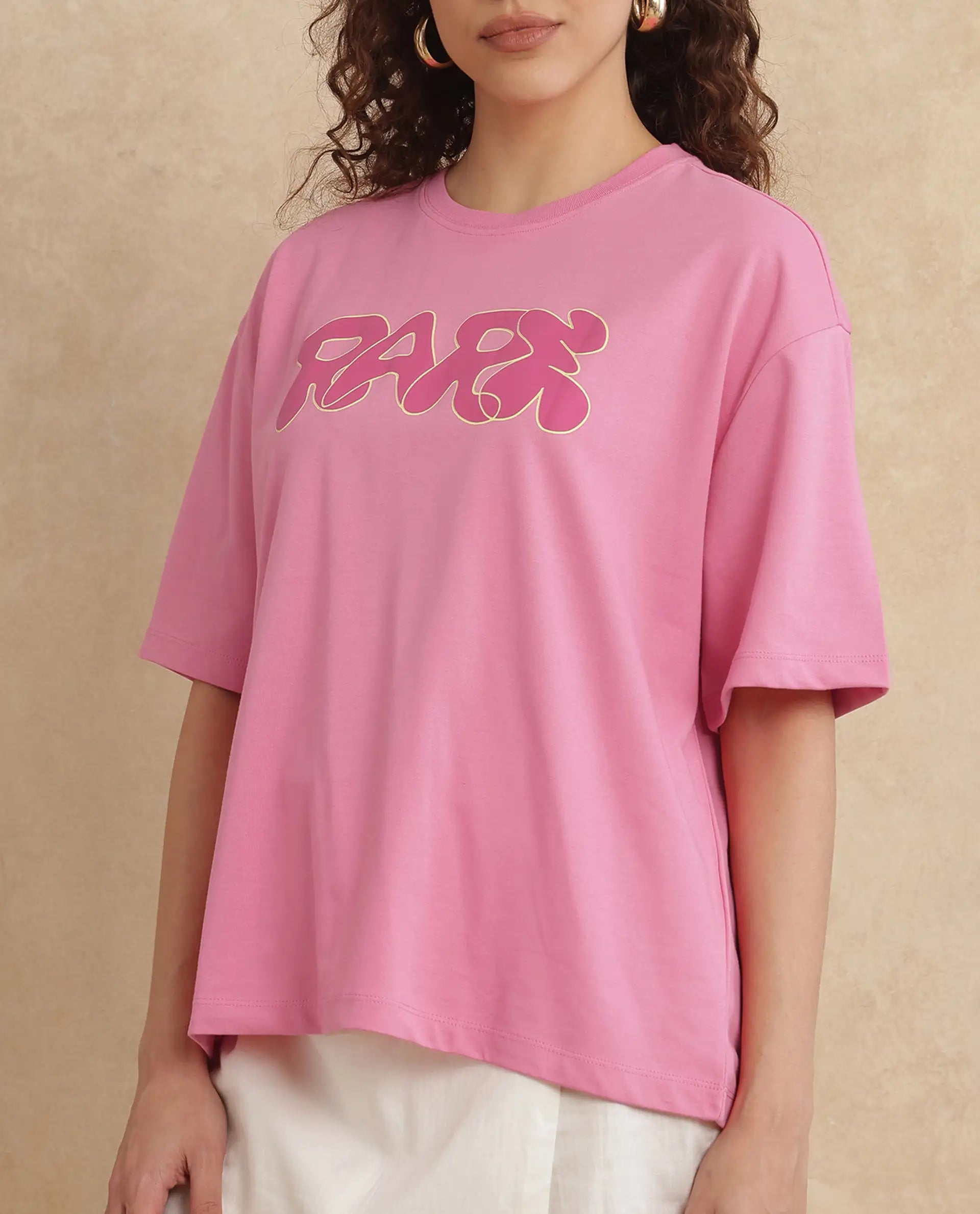 Rareism Women Zines Pink Cotton Blend Fabric Short Sleeve Crew Neck Oversized Fit Graphic Print T-Shirt