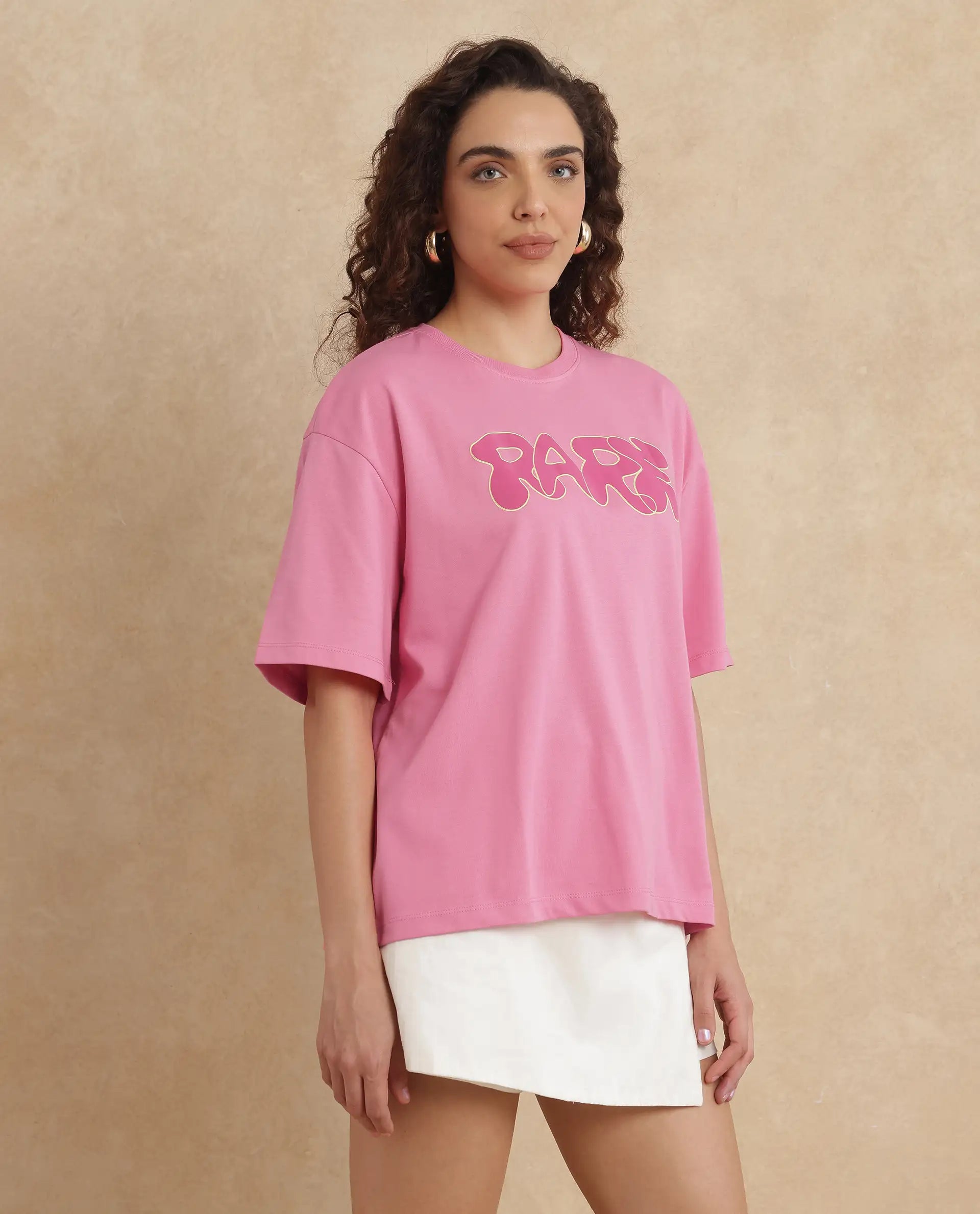 Rareism Women Zines Pink Cotton Blend Fabric Short Sleeve Crew Neck Oversized Fit Graphic Print T-Shirt