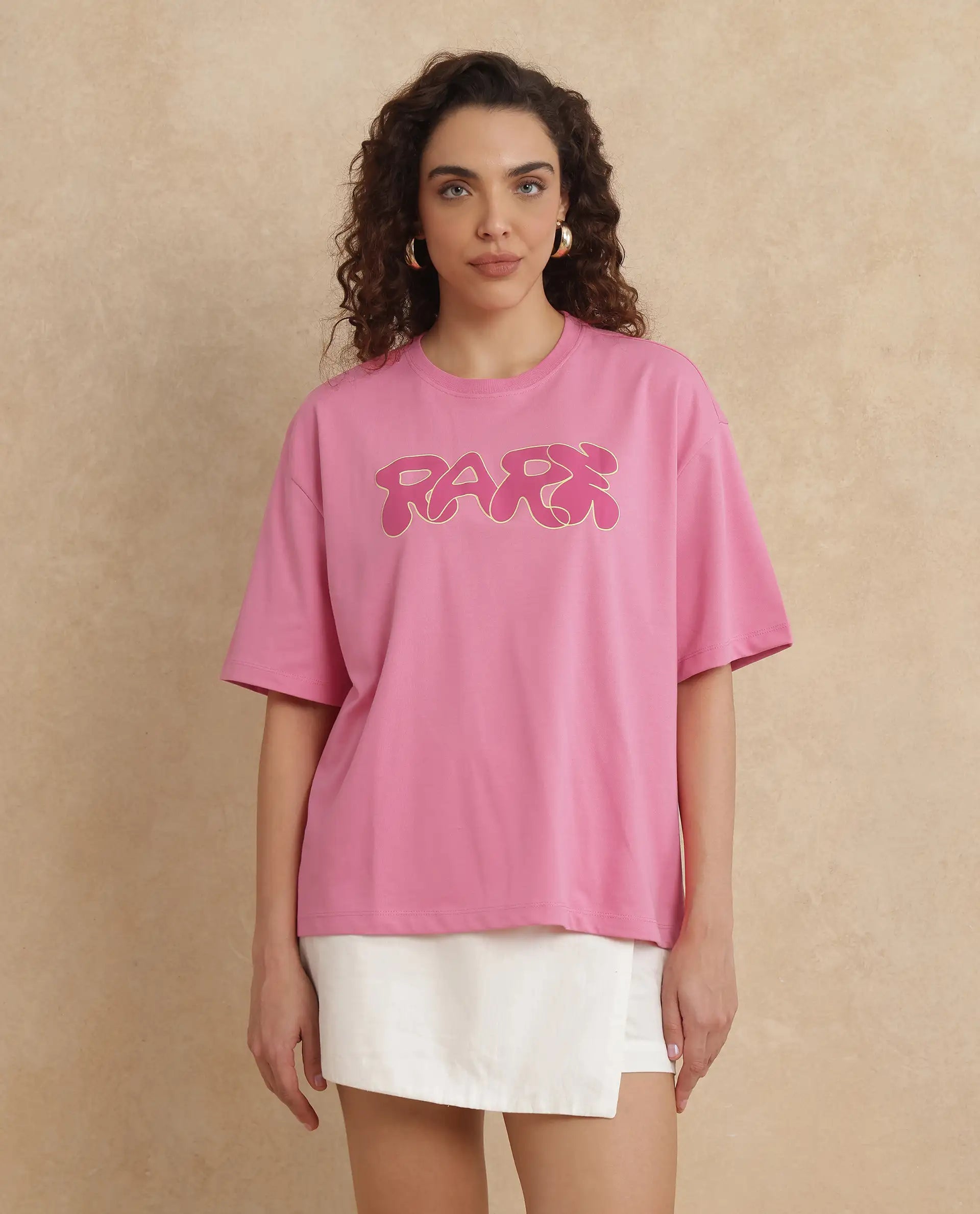 Rareism Women Zines Pink Cotton Blend Fabric Short Sleeve Crew Neck Oversized Fit Graphic Print T-Shirt