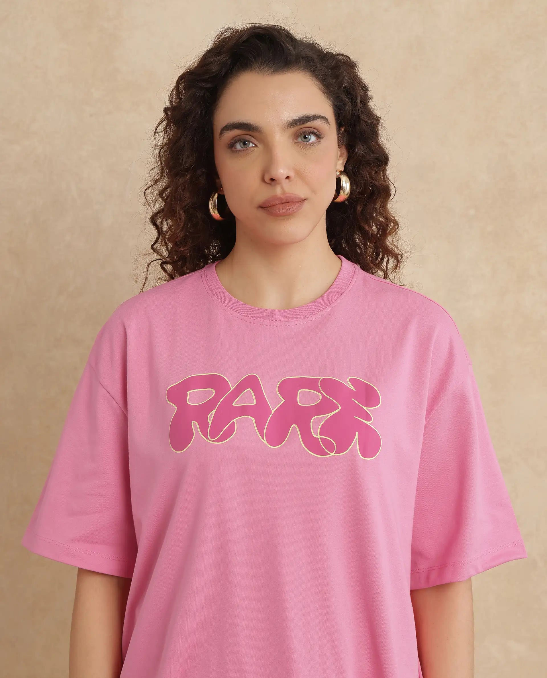 Rareism Women Zines Pink Cotton Blend Fabric Short Sleeve Crew Neck Oversized Fit Graphic Print T-Shirt