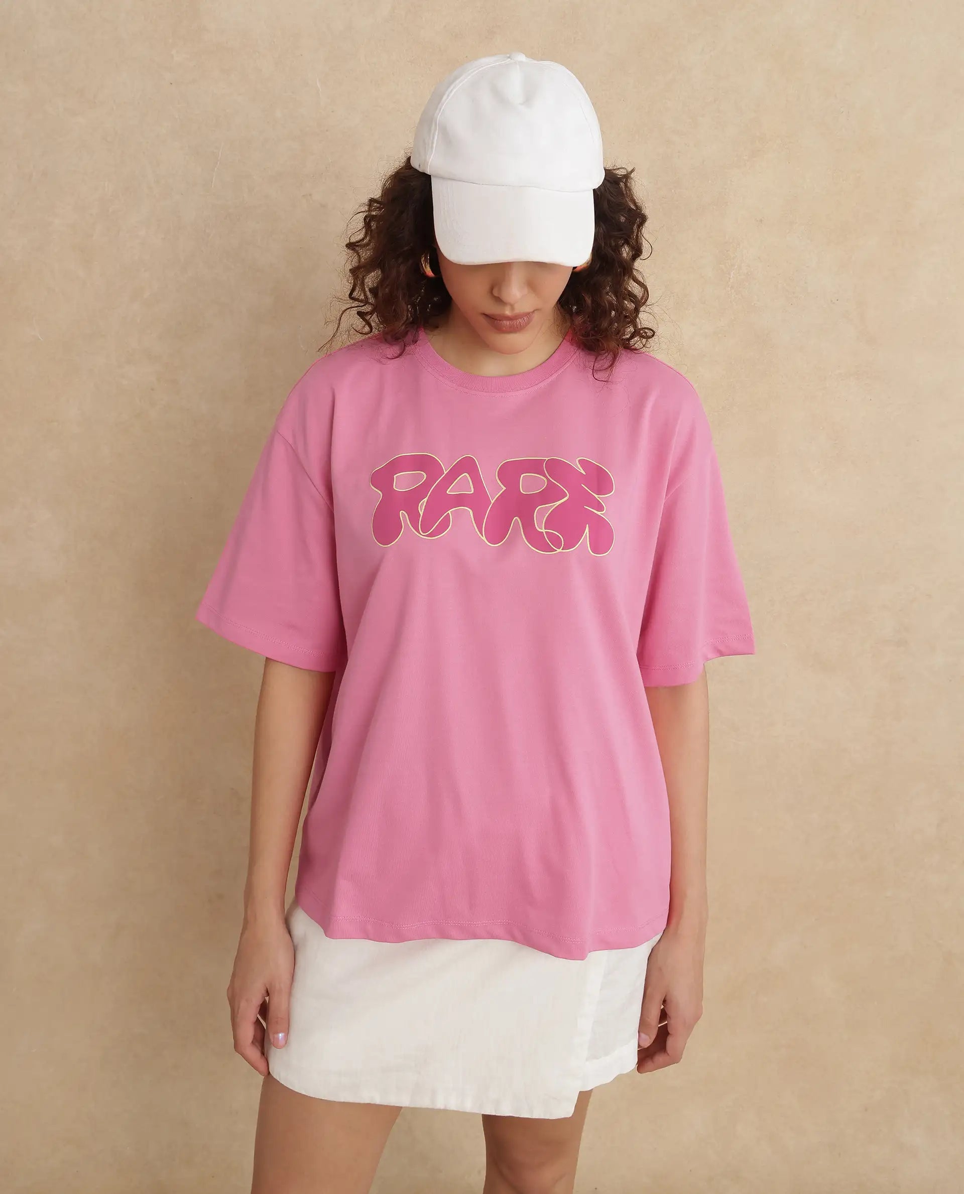 Rareism Women Zines Pink Cotton Blend Fabric Short Sleeve Crew Neck Oversized Fit Graphic Print T-Shirt