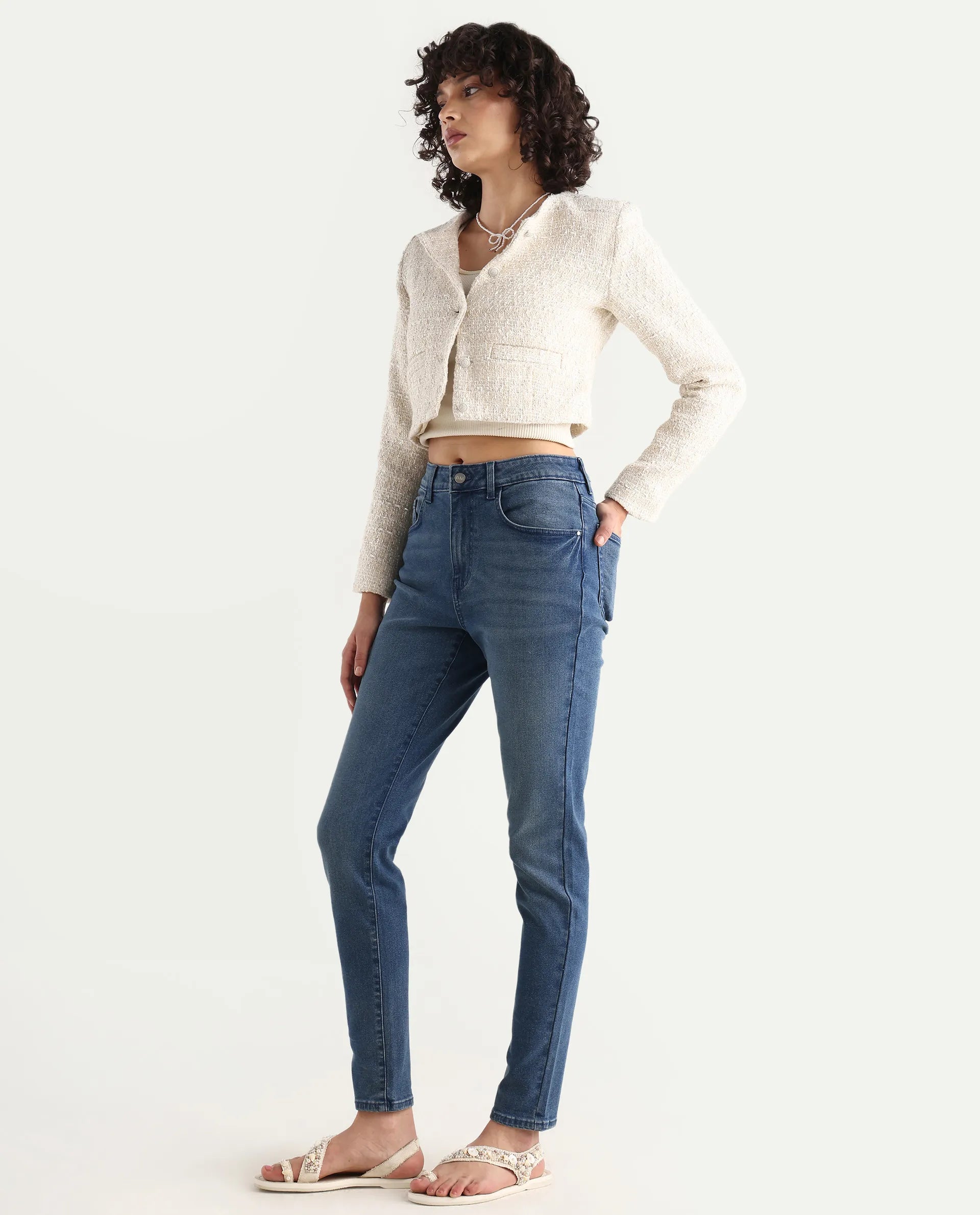 Rareism Women's Zinga Blue Cotton Blend Plain Ankle Length Skinny Fit Jeans