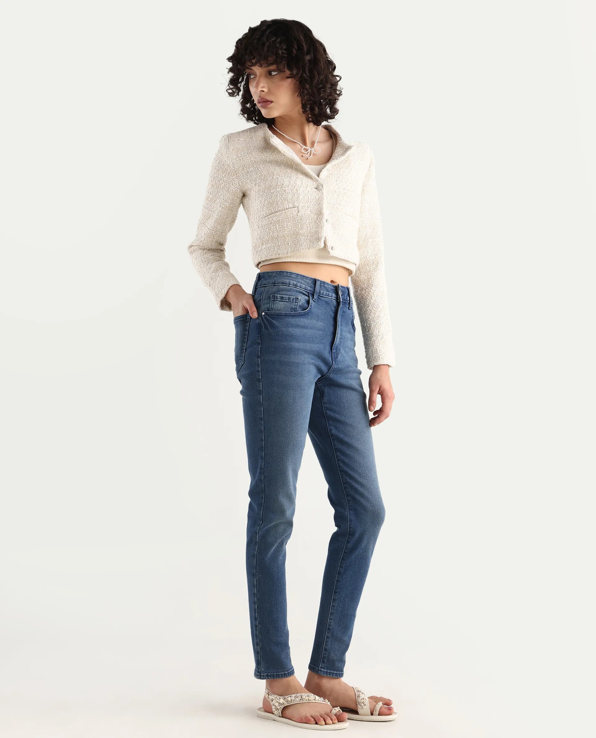 Rareism Women's Zinga Blue Cotton Blend Plain Ankle Length Skinny Fit Jeans