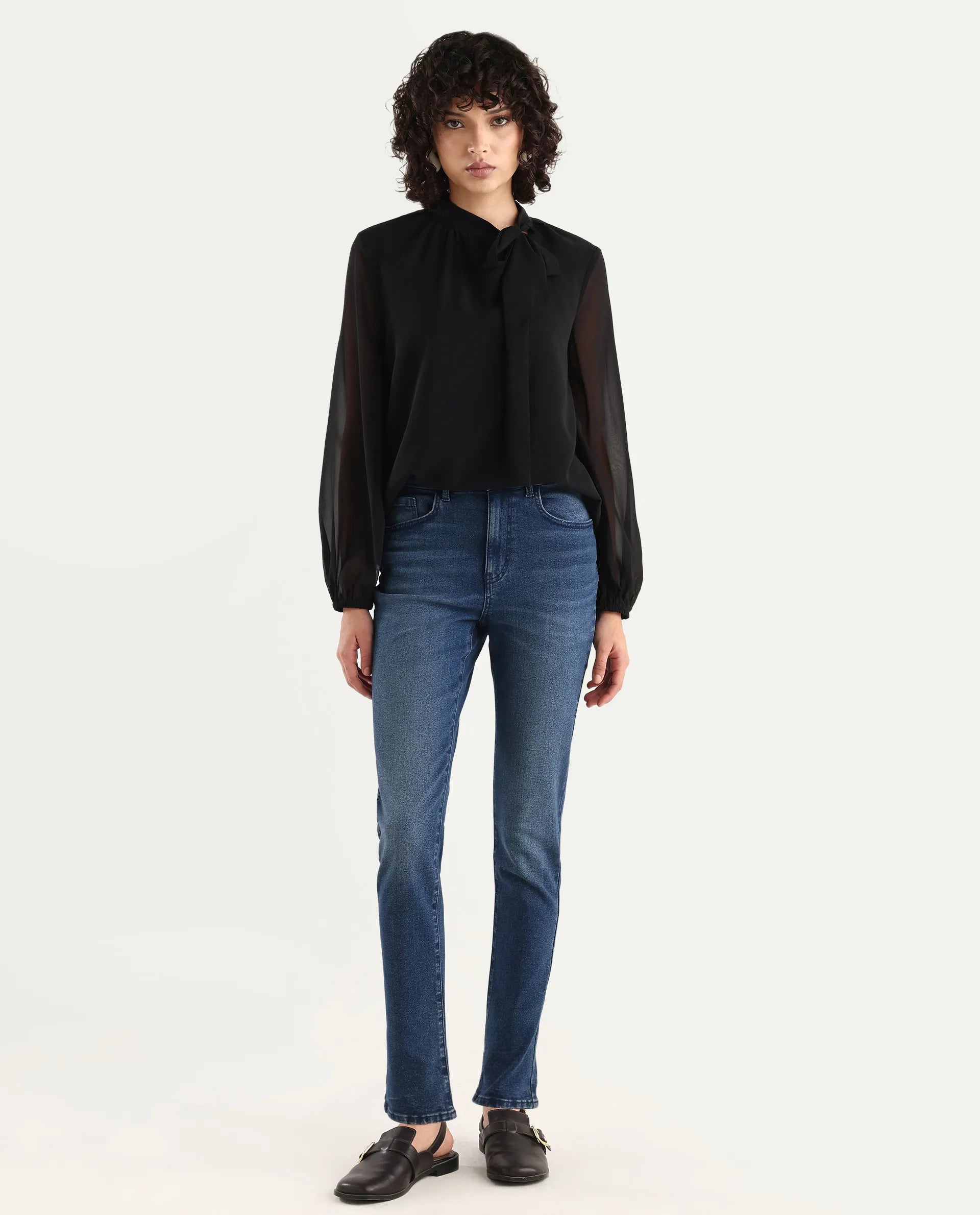 Rareism Women's Zing Blue Cotton Blend Plain Ankle Length Sleek Skinny Fit Jeans