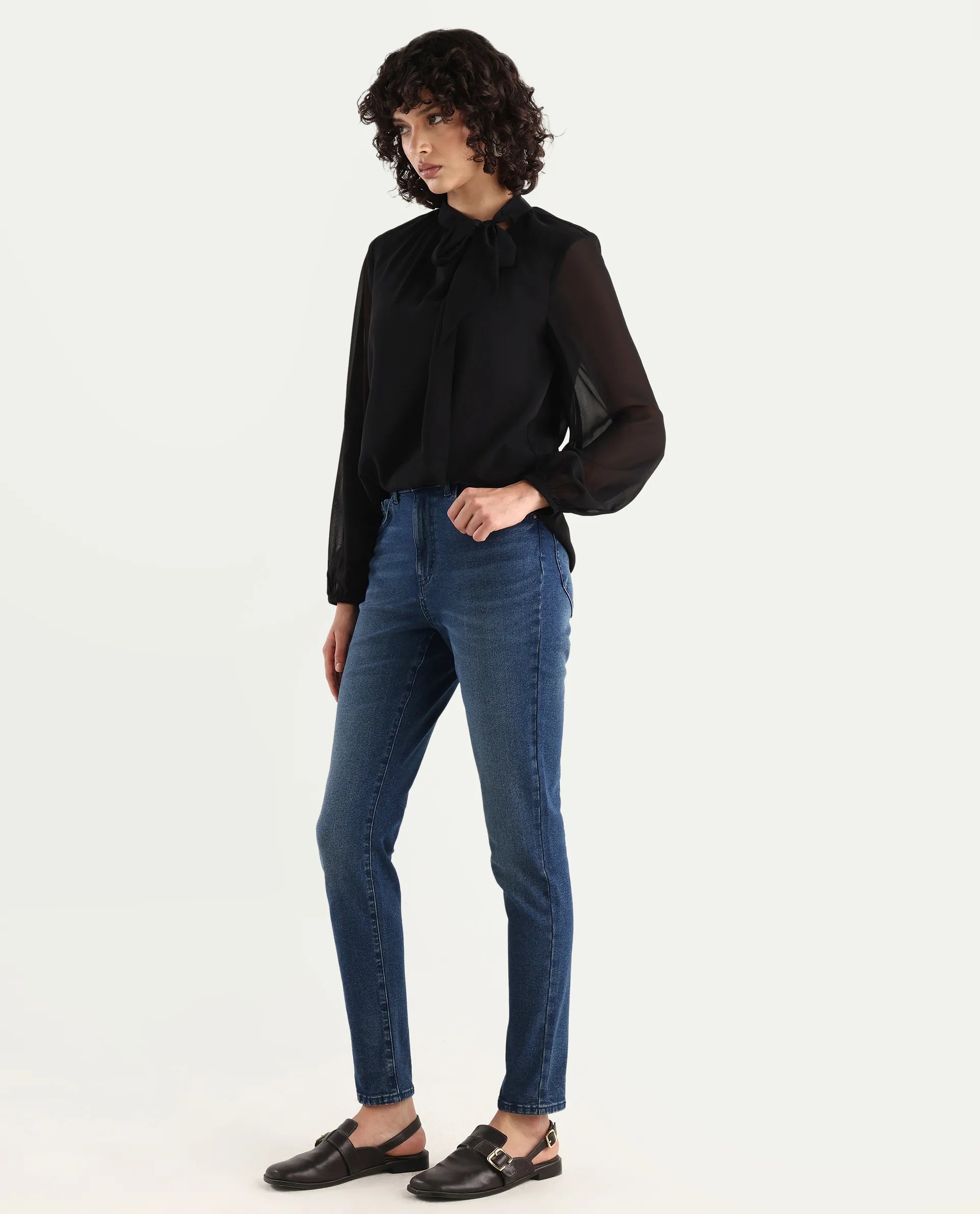 Rareism Women's Zing Blue Cotton Blend Plain Ankle Length Sleek Skinny Fit Jeans