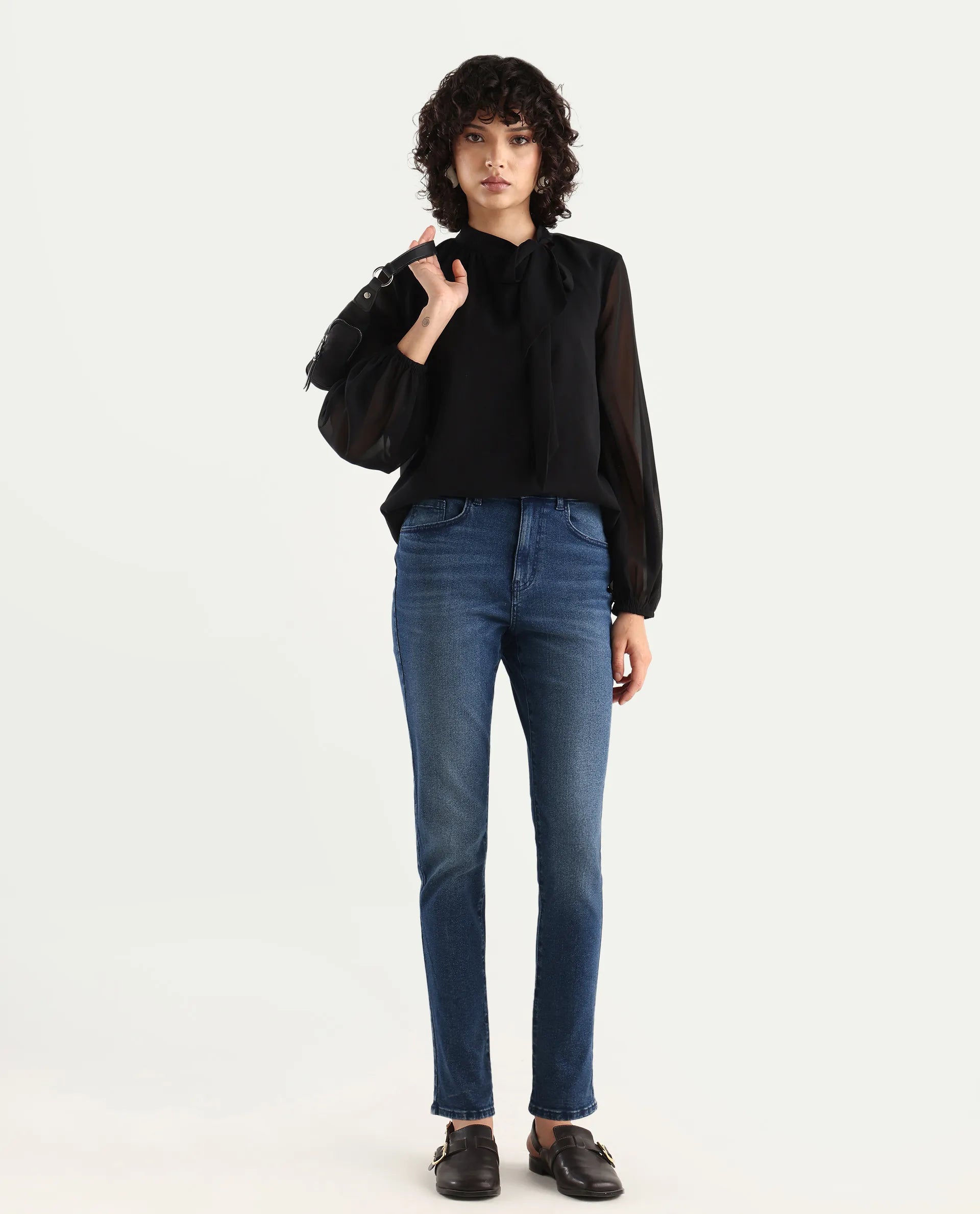 Rareism Women's Zing Blue Cotton Blend Plain Ankle Length Sleek Skinny Fit Jeans