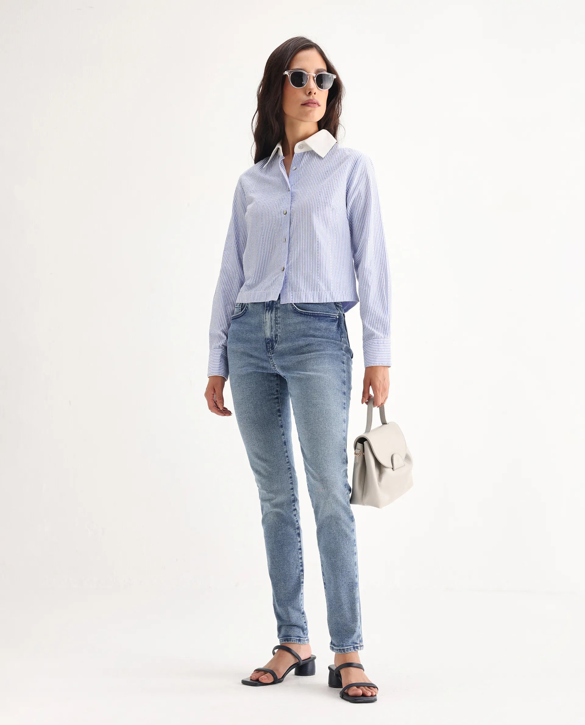 Rareism Women's Zingo Light Blue Cotton Blend Plain Ankle Length Skinny Fit Jeans