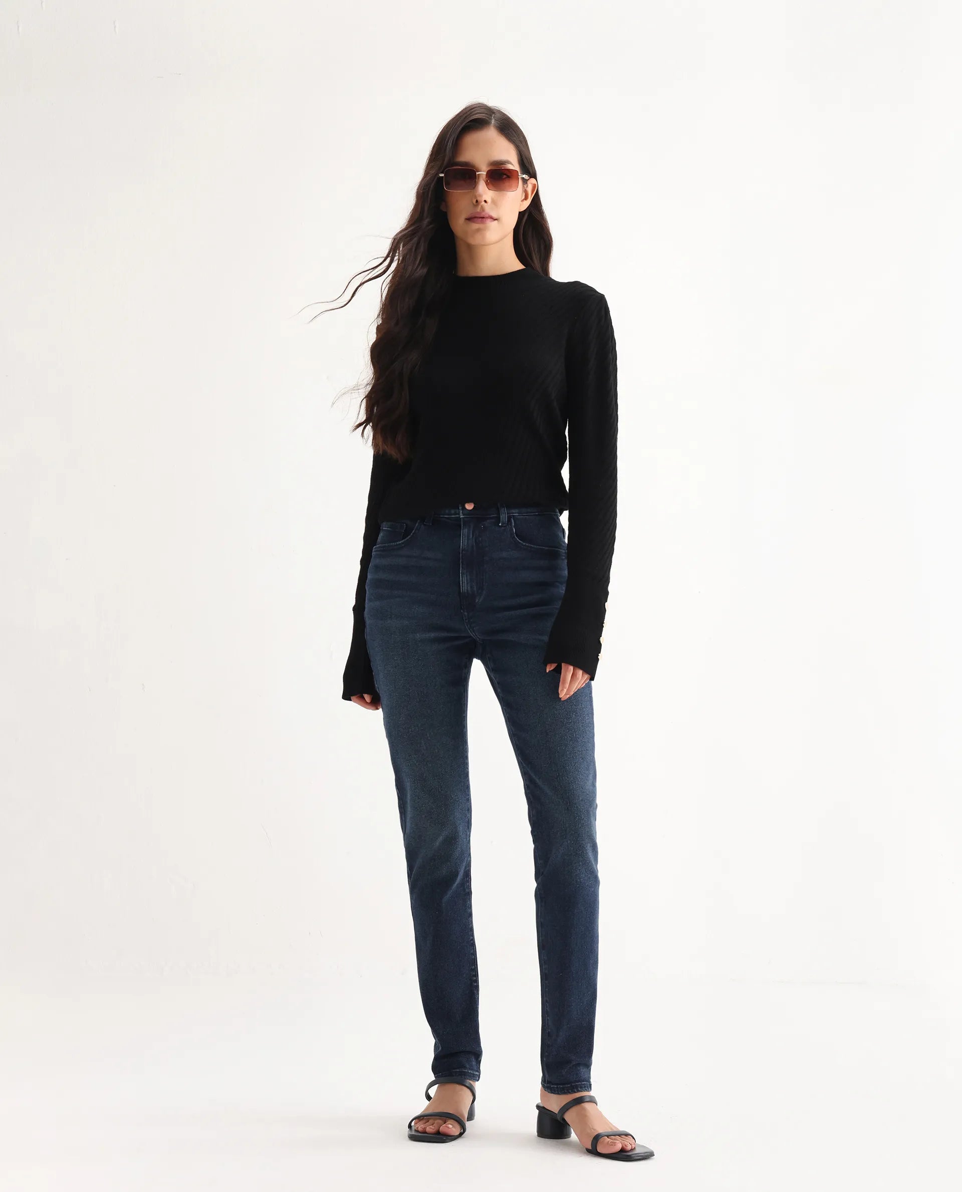 Rareism Women's Zinko Dark Blue Denim Plain Ankle Length Slim Fit Jeans