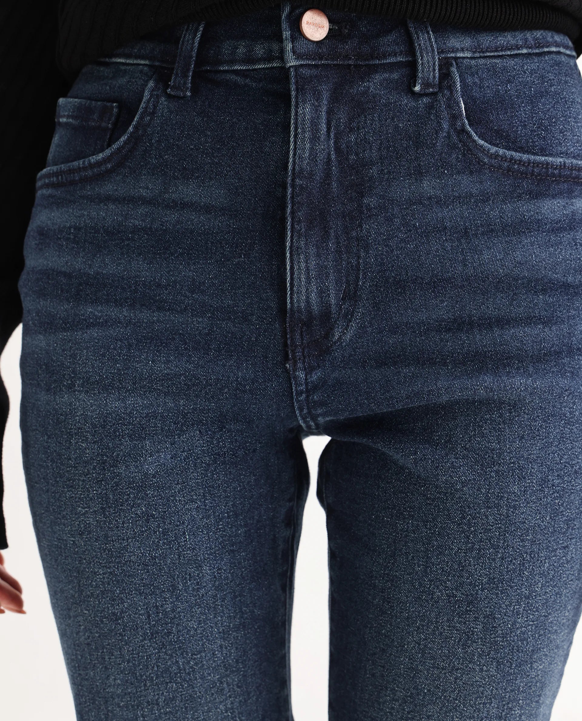 Rareism Women's Zinko Dark Blue Denim Plain Ankle Length Slim Fit Jeans