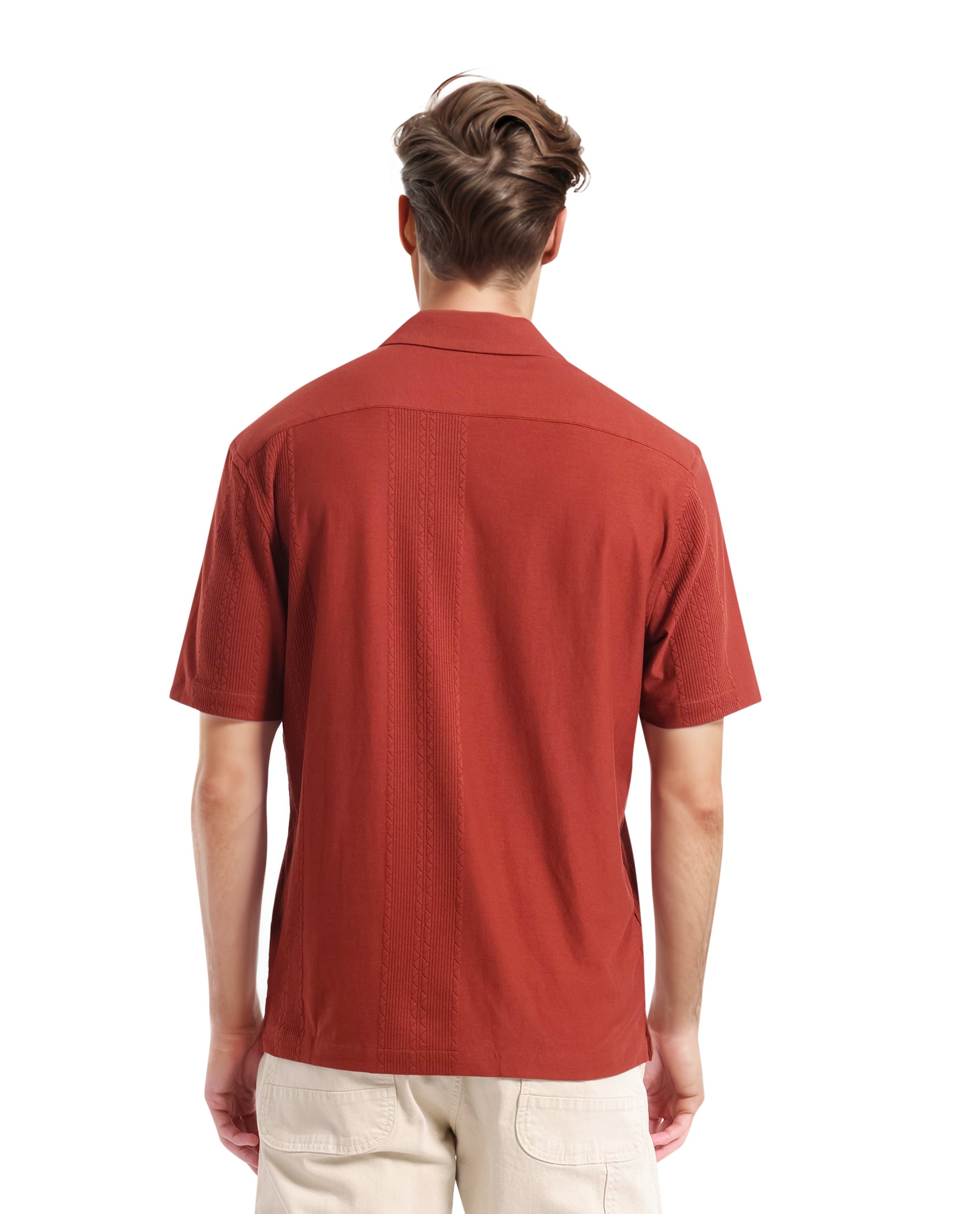 Rare Rabbit Men Zino Brown Short Sleeve Cuban Collared Button Closure Boxy Fit Seersucker Shirt