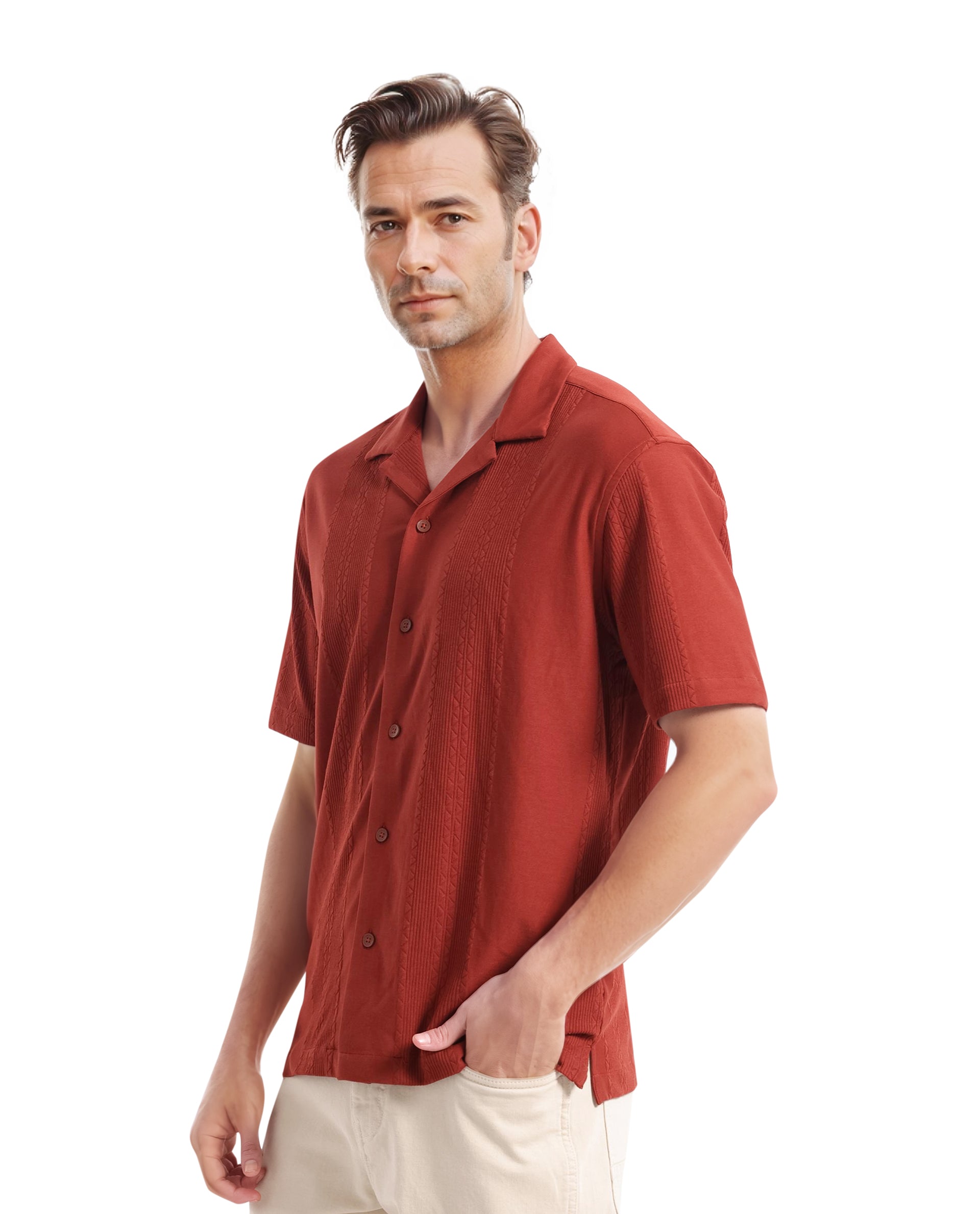 Rare Rabbit Men Zino Brown Short Sleeve Cuban Collared Button Closure Boxy Fit Seersucker Shirt