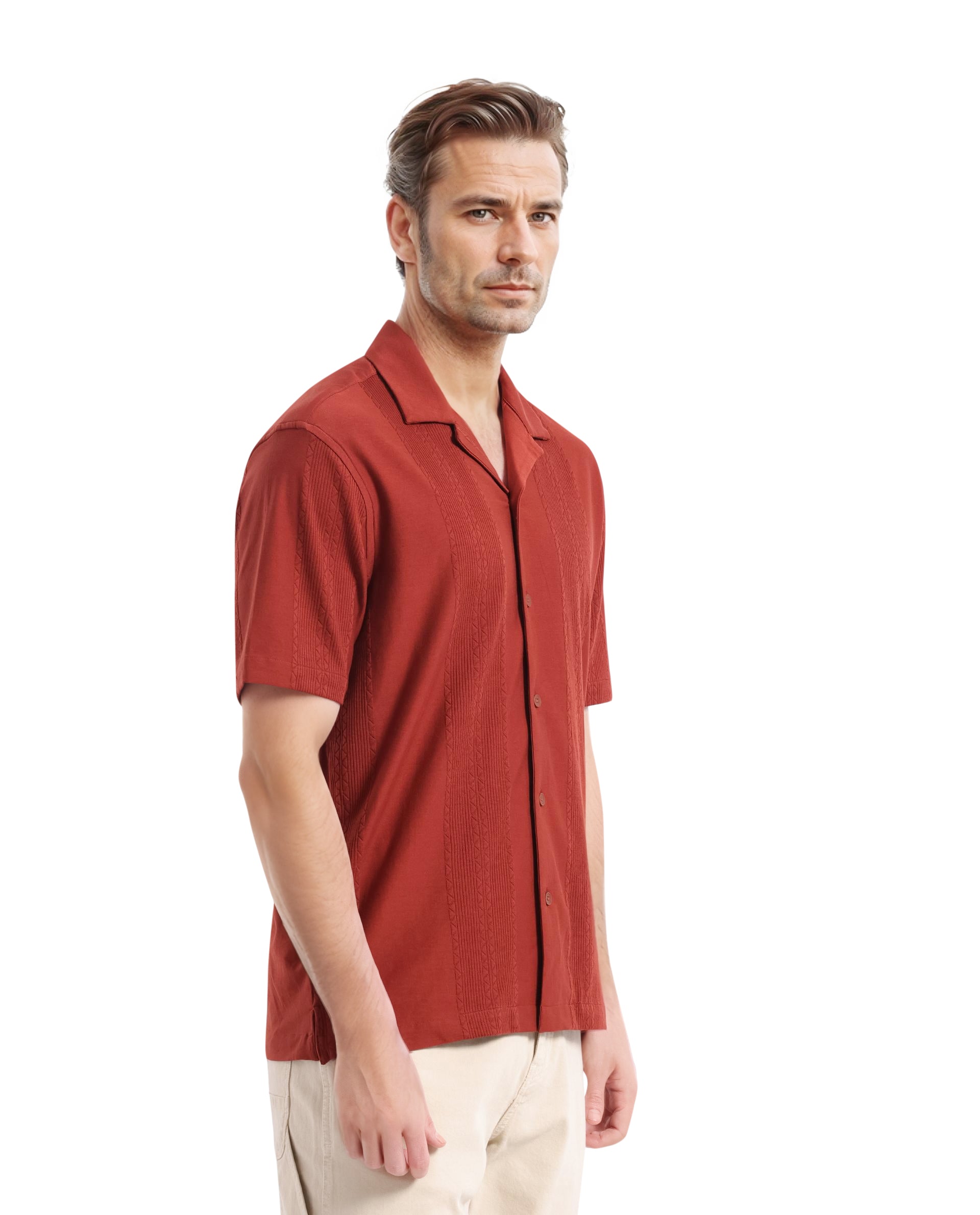 Rare Rabbit Men Zino Brown Short Sleeve Cuban Collared Button Closure Boxy Fit Seersucker Shirt