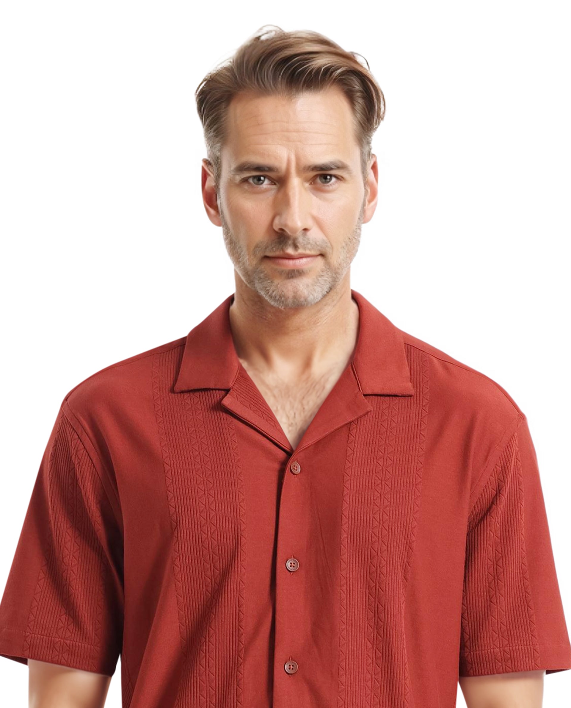 Rare Rabbit Men Zino Brown Short Sleeve Cuban Collared Button Closure Boxy Fit Seersucker Shirt