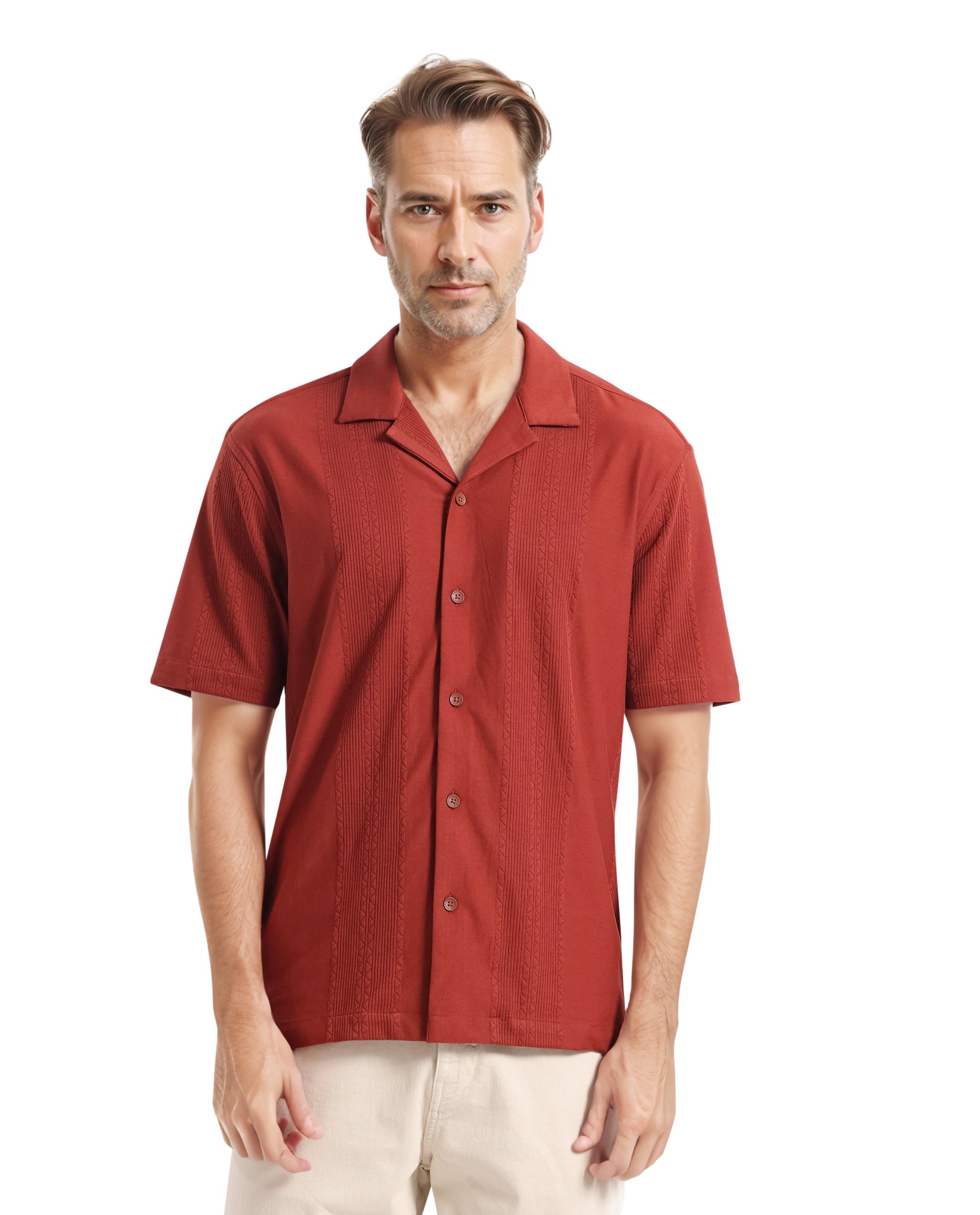 Rare Rabbit Men Zino Brown Short Sleeve Cuban Collared Button Closure Boxy Fit Seersucker Shirt