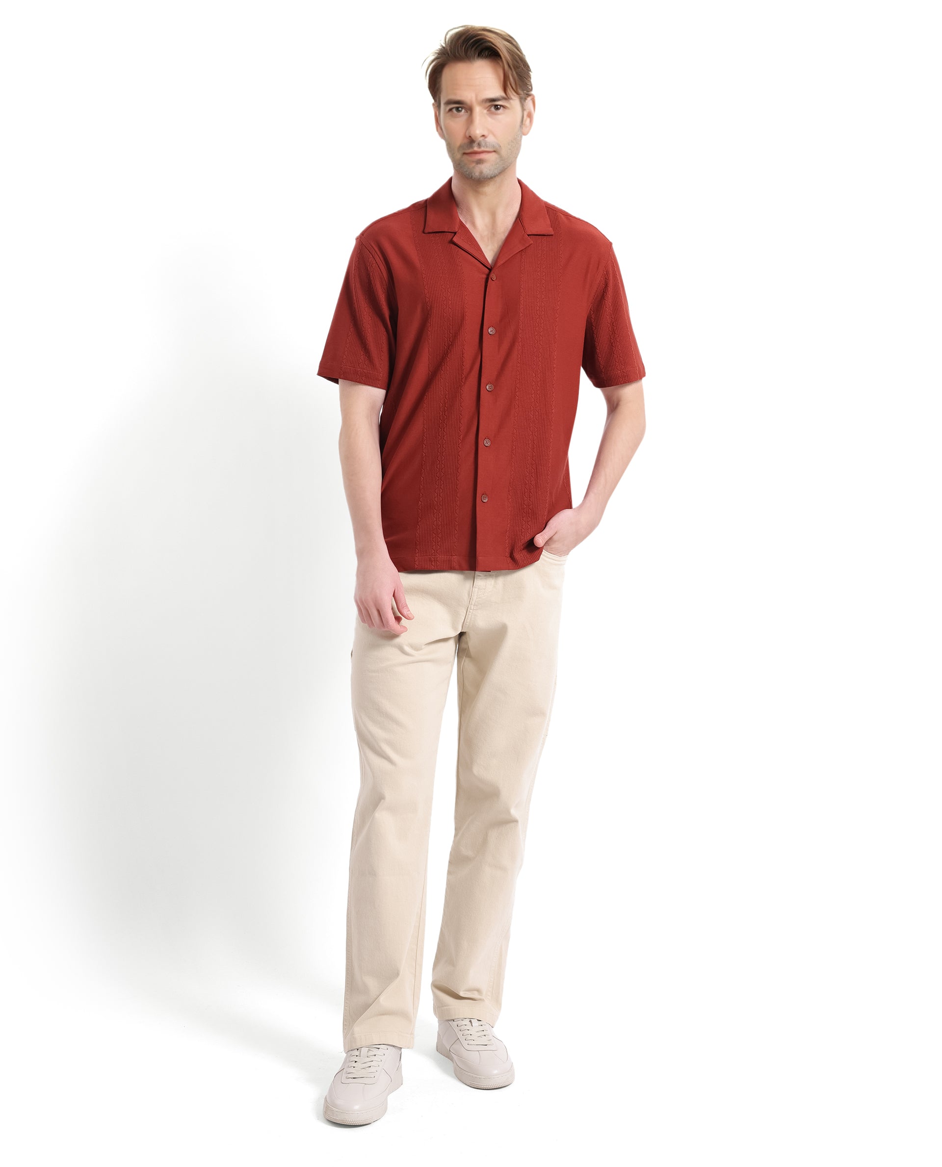 Rare Rabbit Men Zino Brown Short Sleeve Cuban Collared Button Closure Boxy Fit Seersucker Shirt