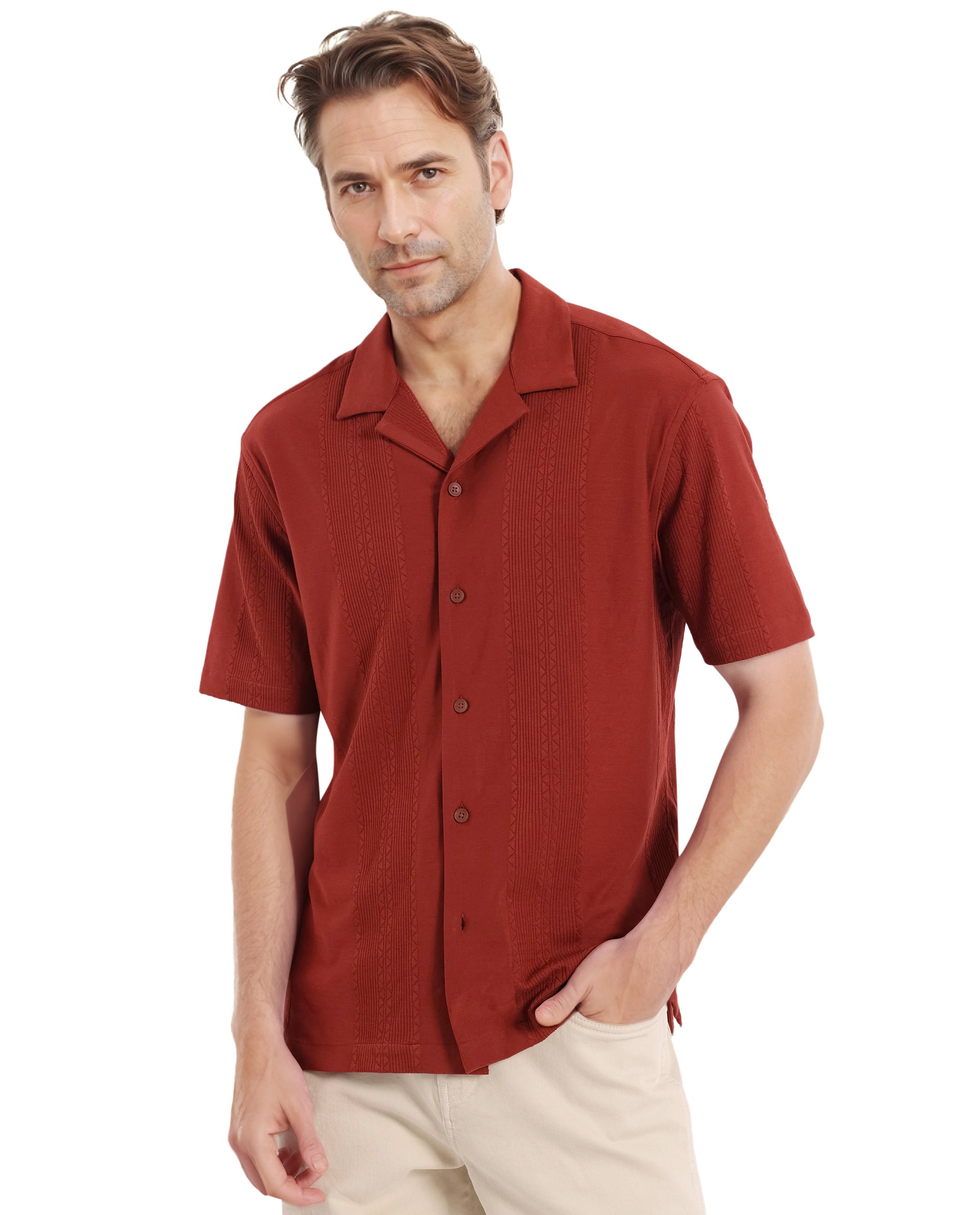 Rare Rabbit Men Zino Brown Short Sleeve Cuban Collared Button Closure Boxy Fit Seersucker Shirt