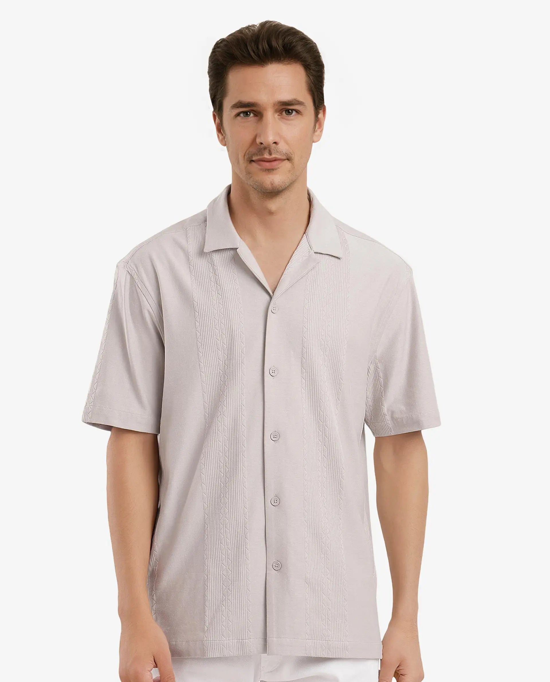 Rare Rabbit Men's Zino Light Beige Short Sleeve Cuban Collared Button Closure Boxy Fit Seersucker Shirt