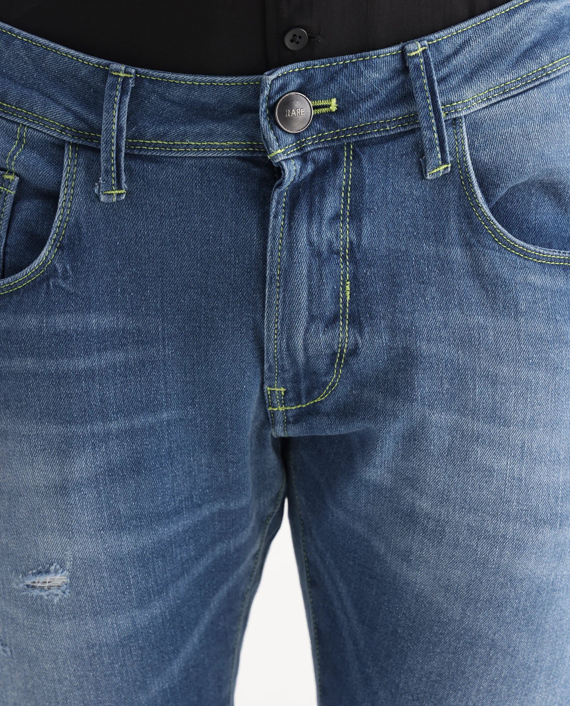 Rare Rabbit Men's Zinon Blue Cotton Blend Plain Hawk Slim Fit Jeans