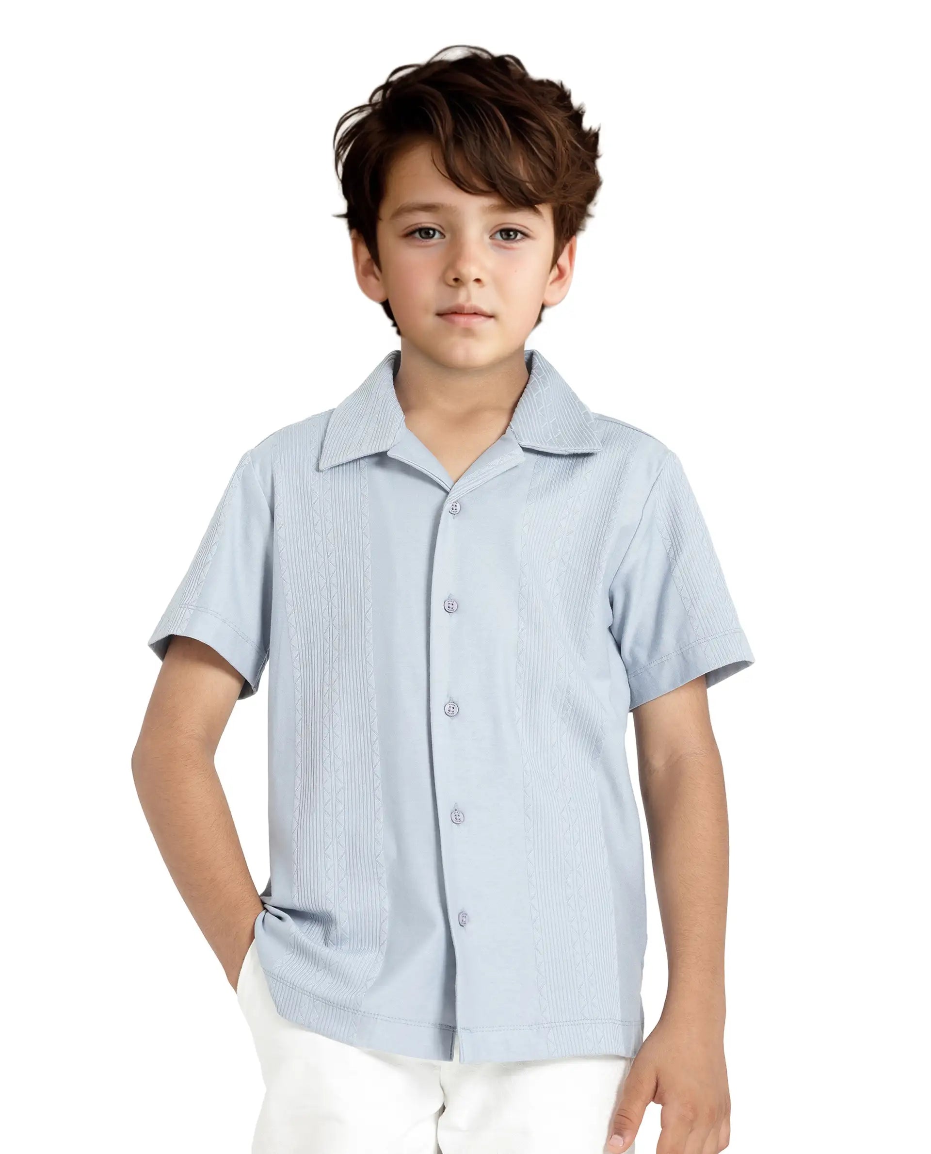 Rare Ones Kids Zinon Dusky Blue Cotton Full Sleeve Cuban Collar Jacquard Shirt