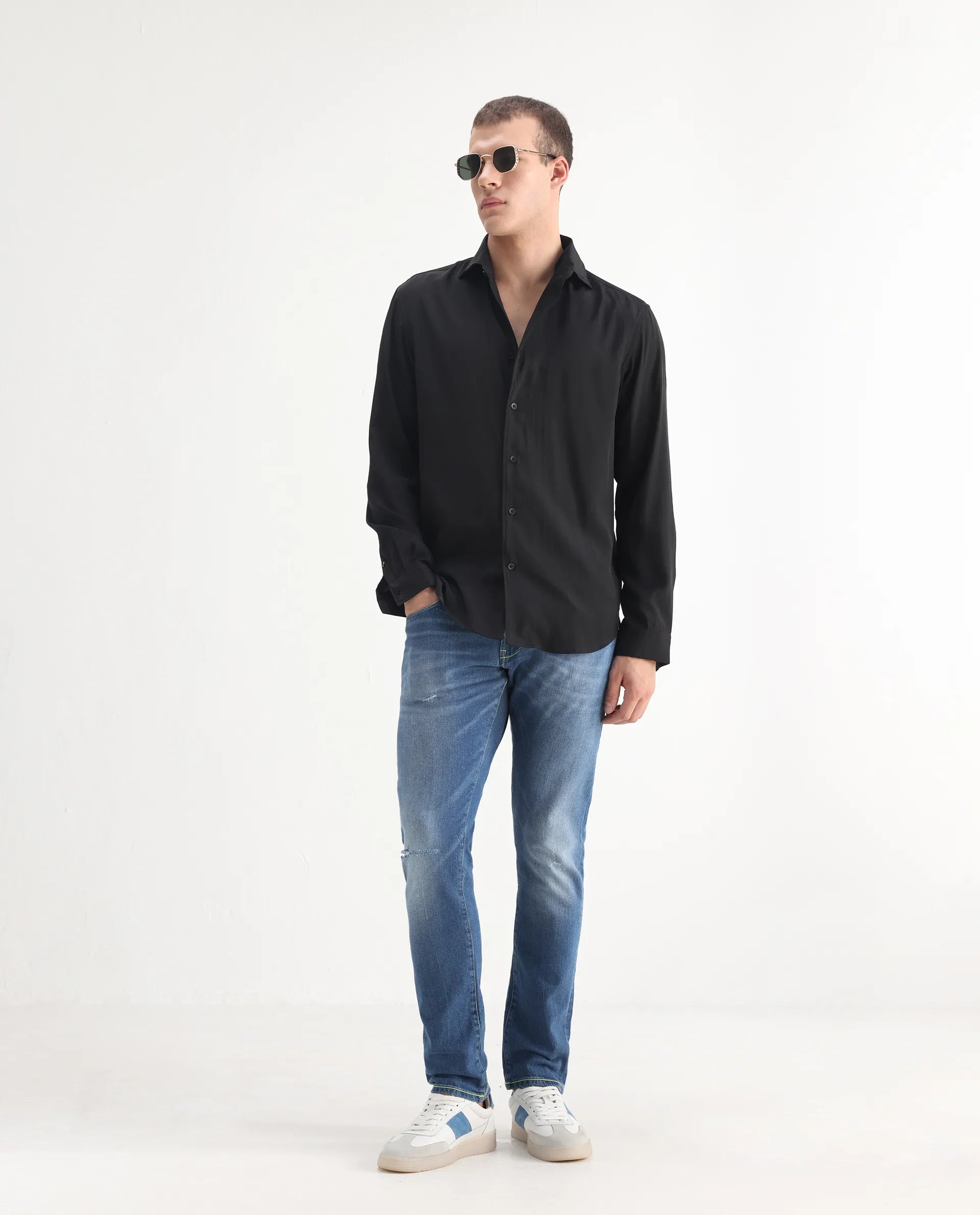 Rare Rabbit Men's Zinon Blue Cotton Blend Plain Hawk Slim Fit Jeans