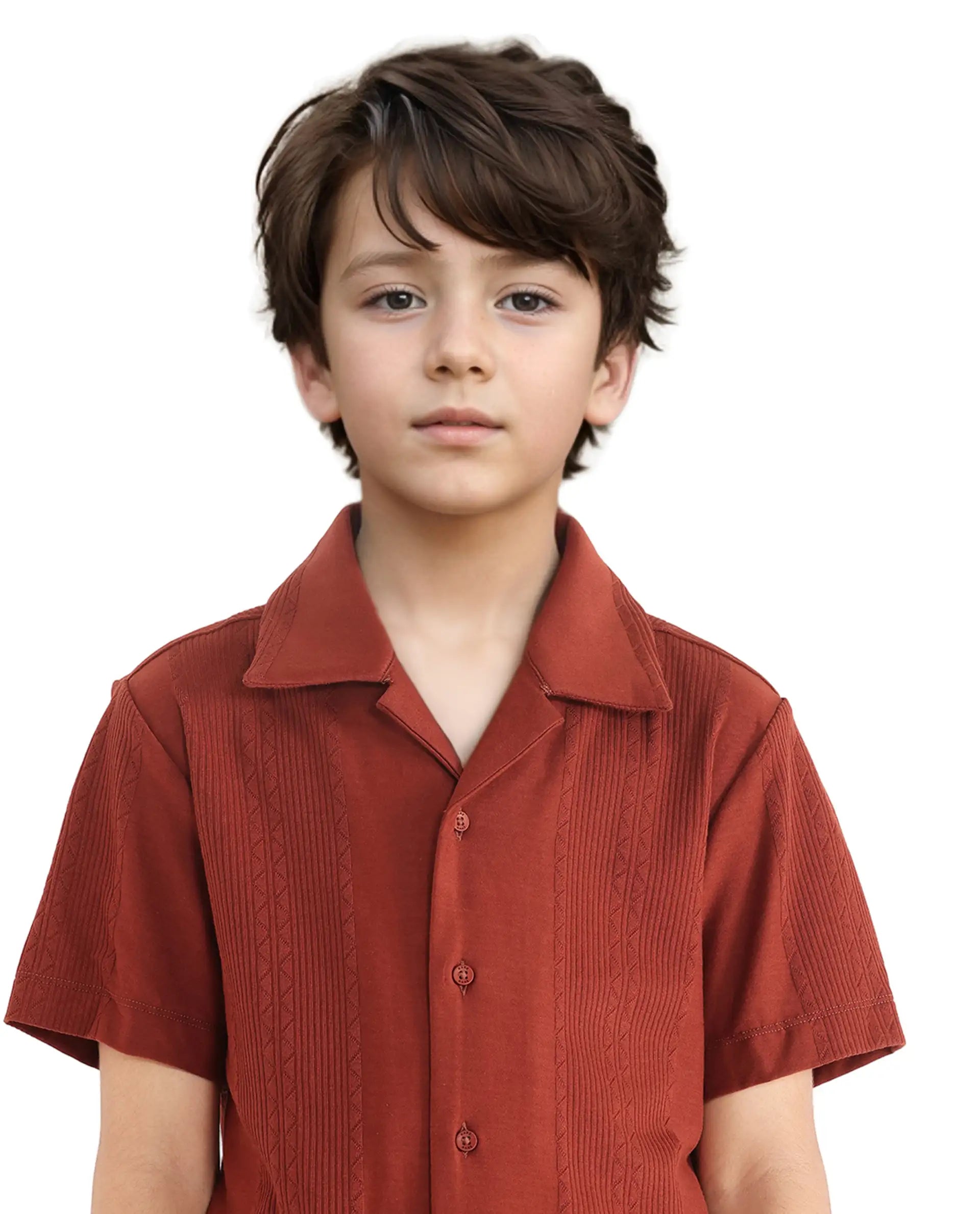 Rare Ones Kids Zinon Rust Cotton Full Sleeve Cuban Collar Jacquard Shirt