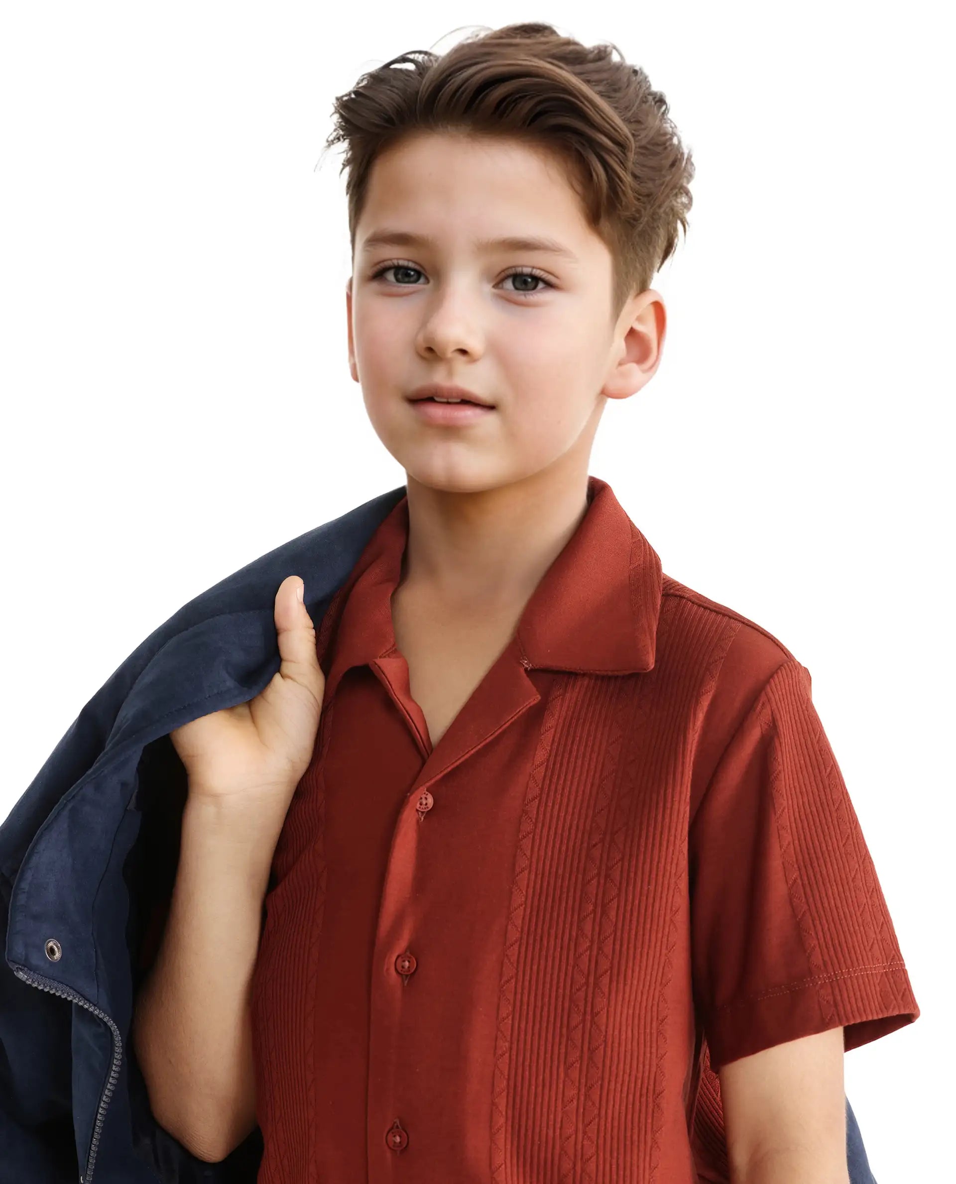 Rare Ones Kids Zinon Rust Cotton Full Sleeve Cuban Collar Jacquard Shirt