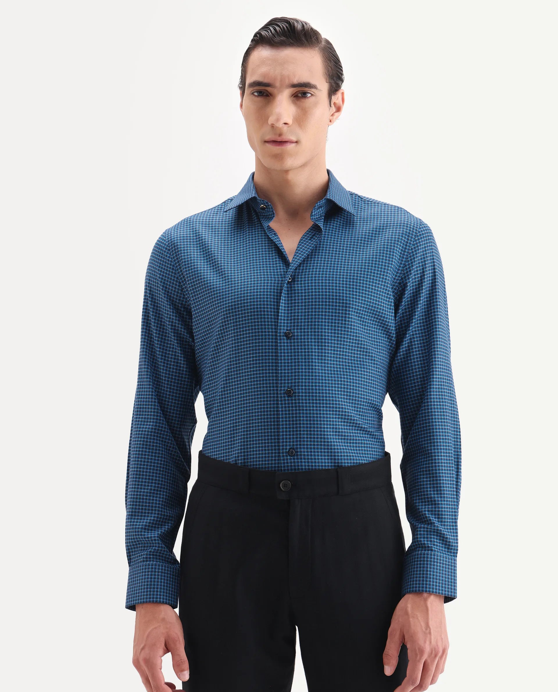 Rare Rabbit Men's Zint Navy Cotton Fabric Full Sleeve Regular Fit Checks Shirt