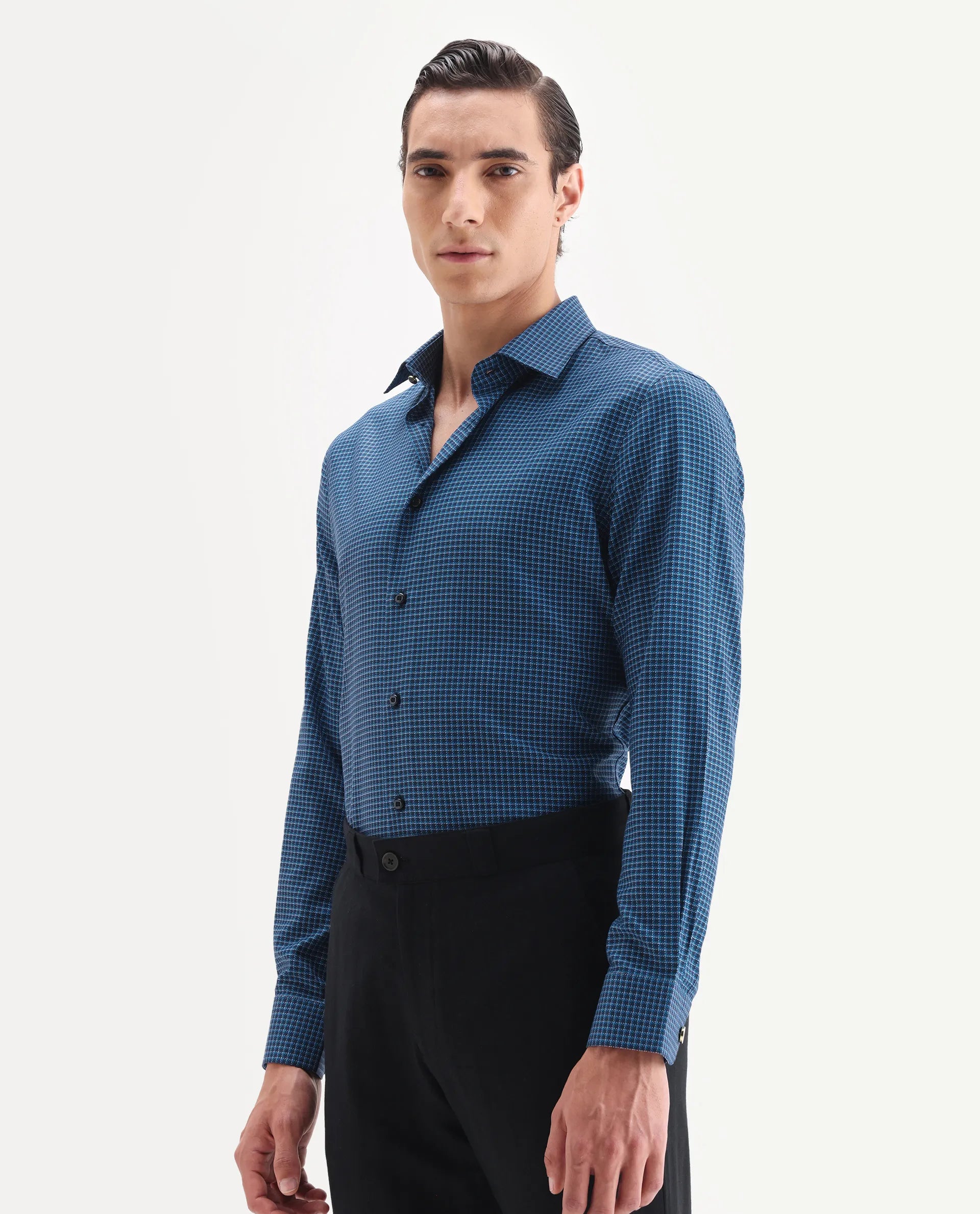 Rare Rabbit Men's Zint Navy Cotton Fabric Full Sleeve Regular Fit Checks Shirt