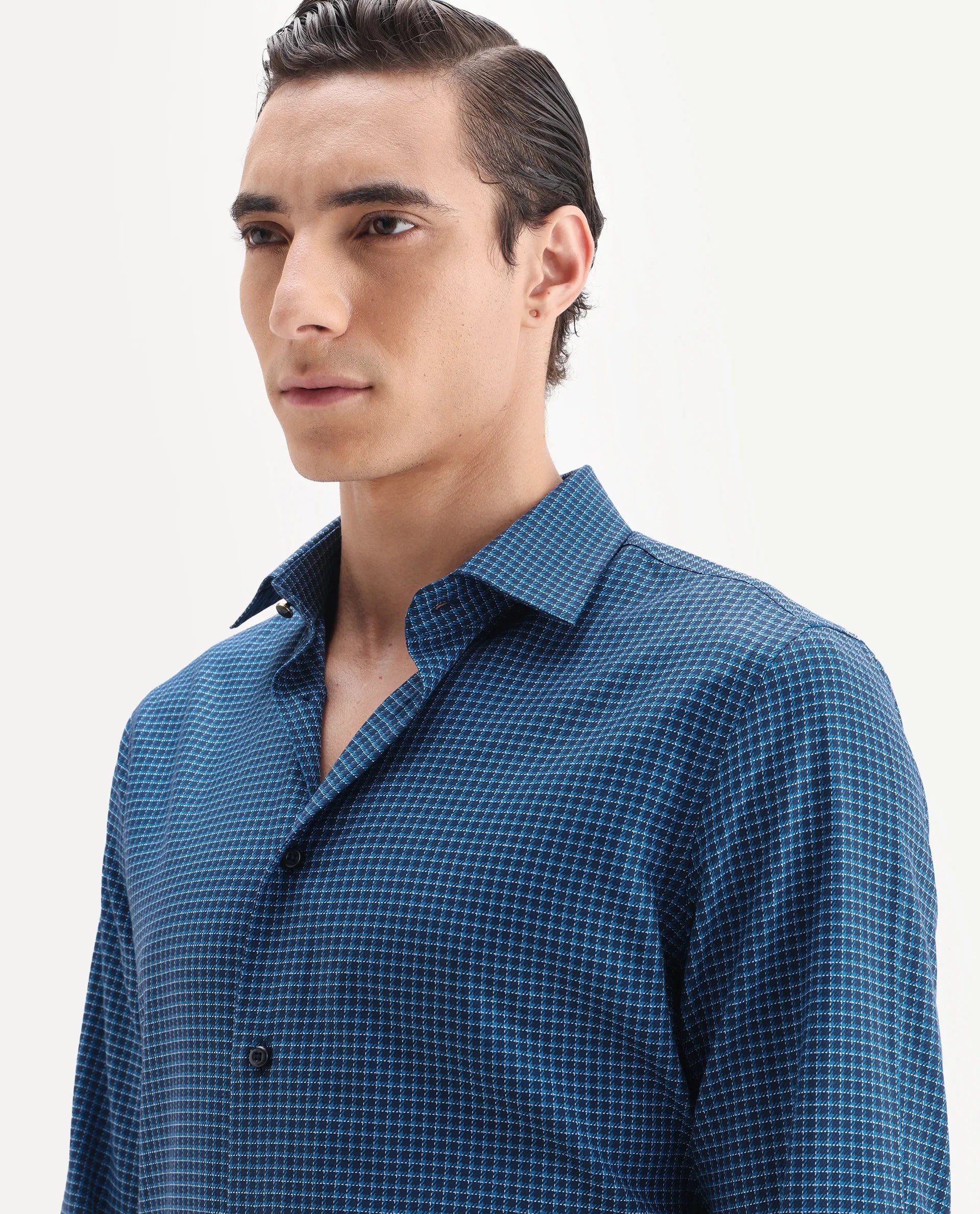 Rare Rabbit Men's Zint Navy Cotton Fabric Full Sleeve Regular Fit Checks Shirt