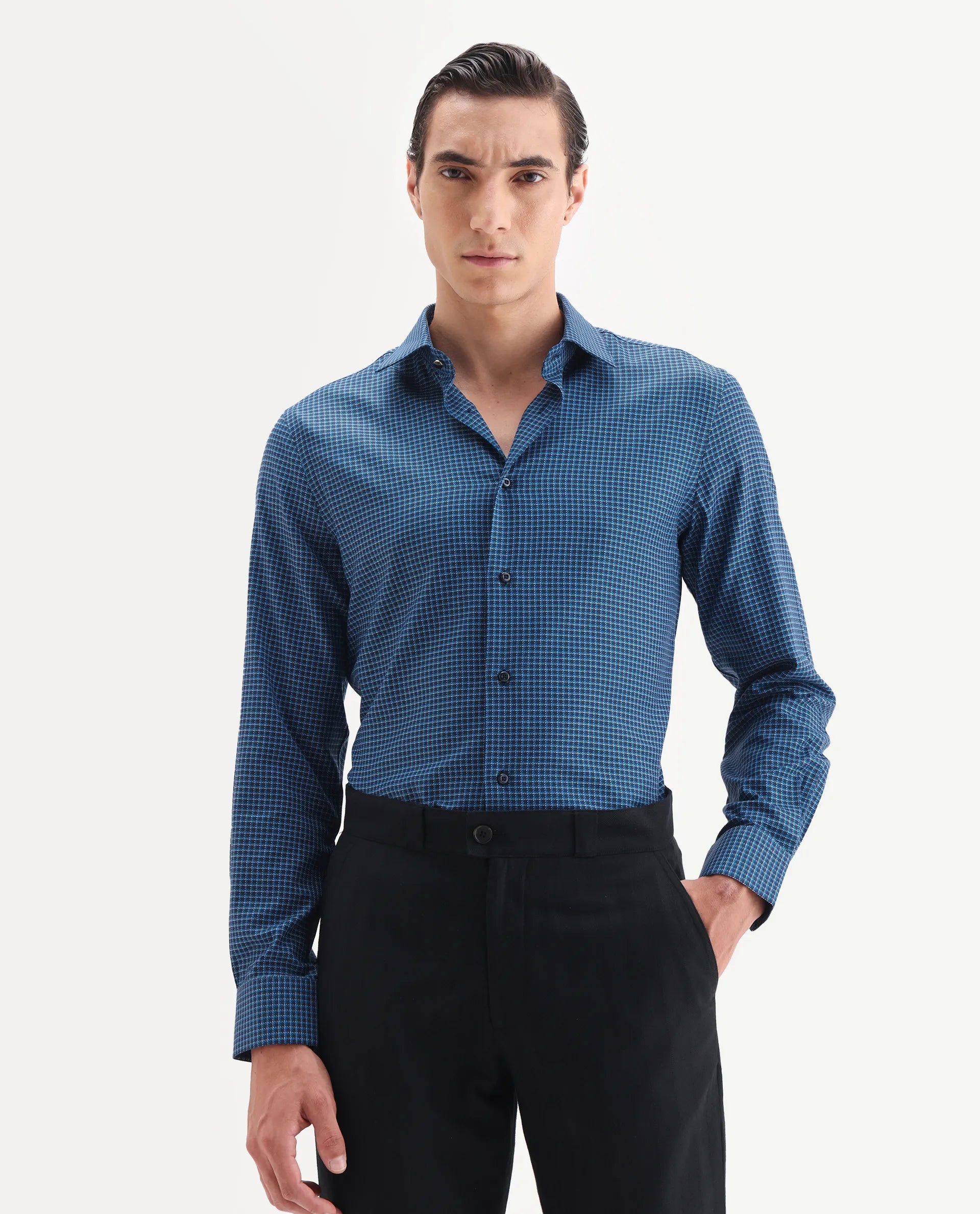 Rare Rabbit Men's Zint Navy Cotton Fabric Full Sleeve Regular Fit Checks Shirt