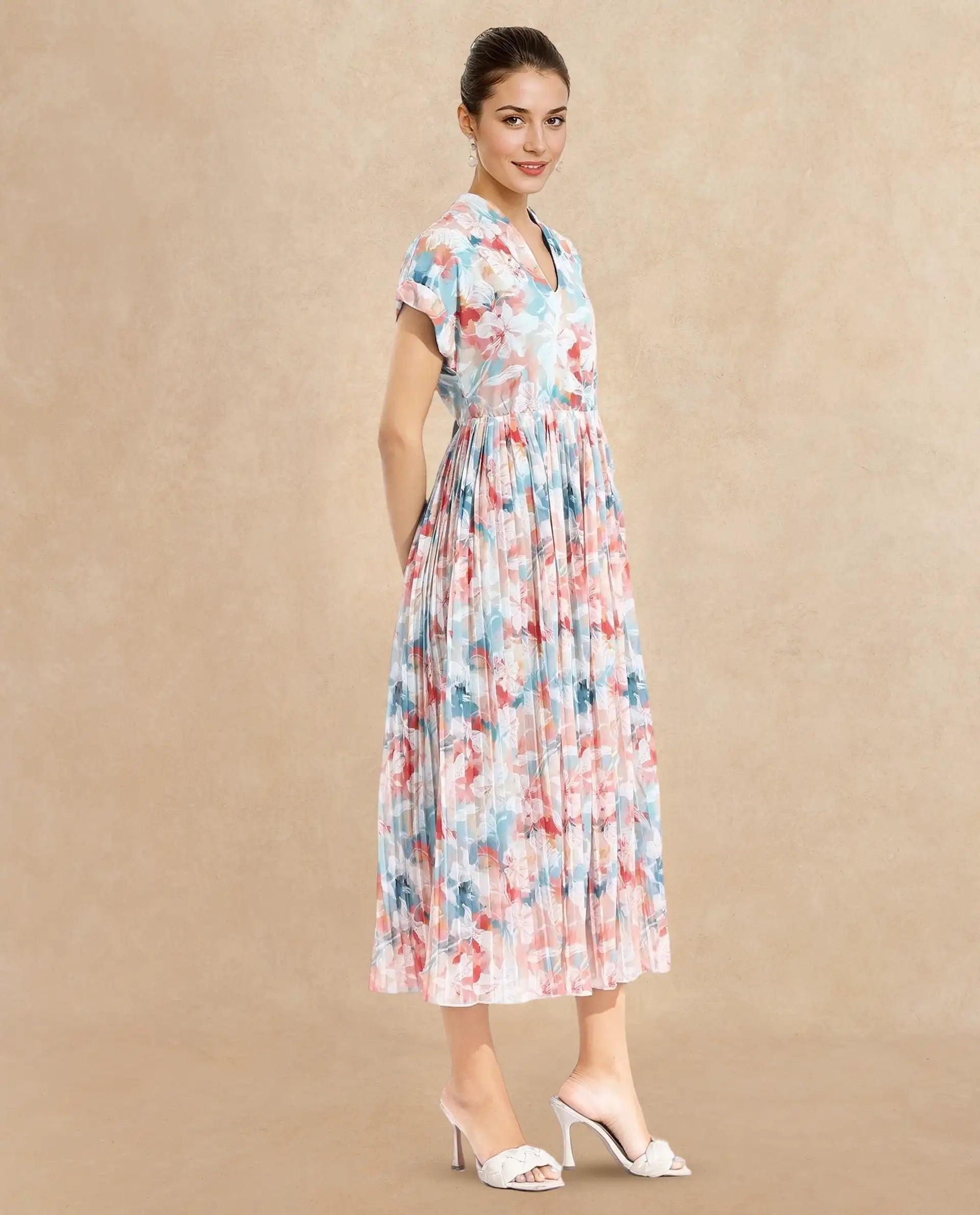 Rareism Women Zinuzu Light Multi Extended Sleeves V-Neck Fit And Flare Midi Floral Print Dress