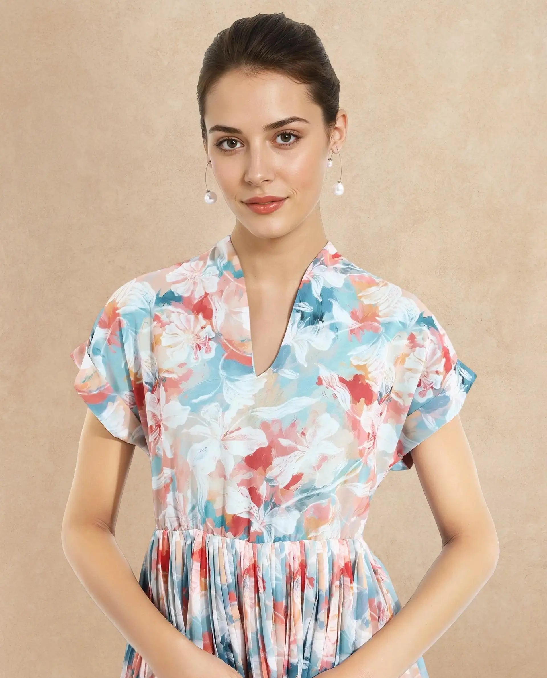 Rareism Women Zinuzu Light Multi Extended Sleeves V-Neck Fit And Flare Midi Floral Print Dress