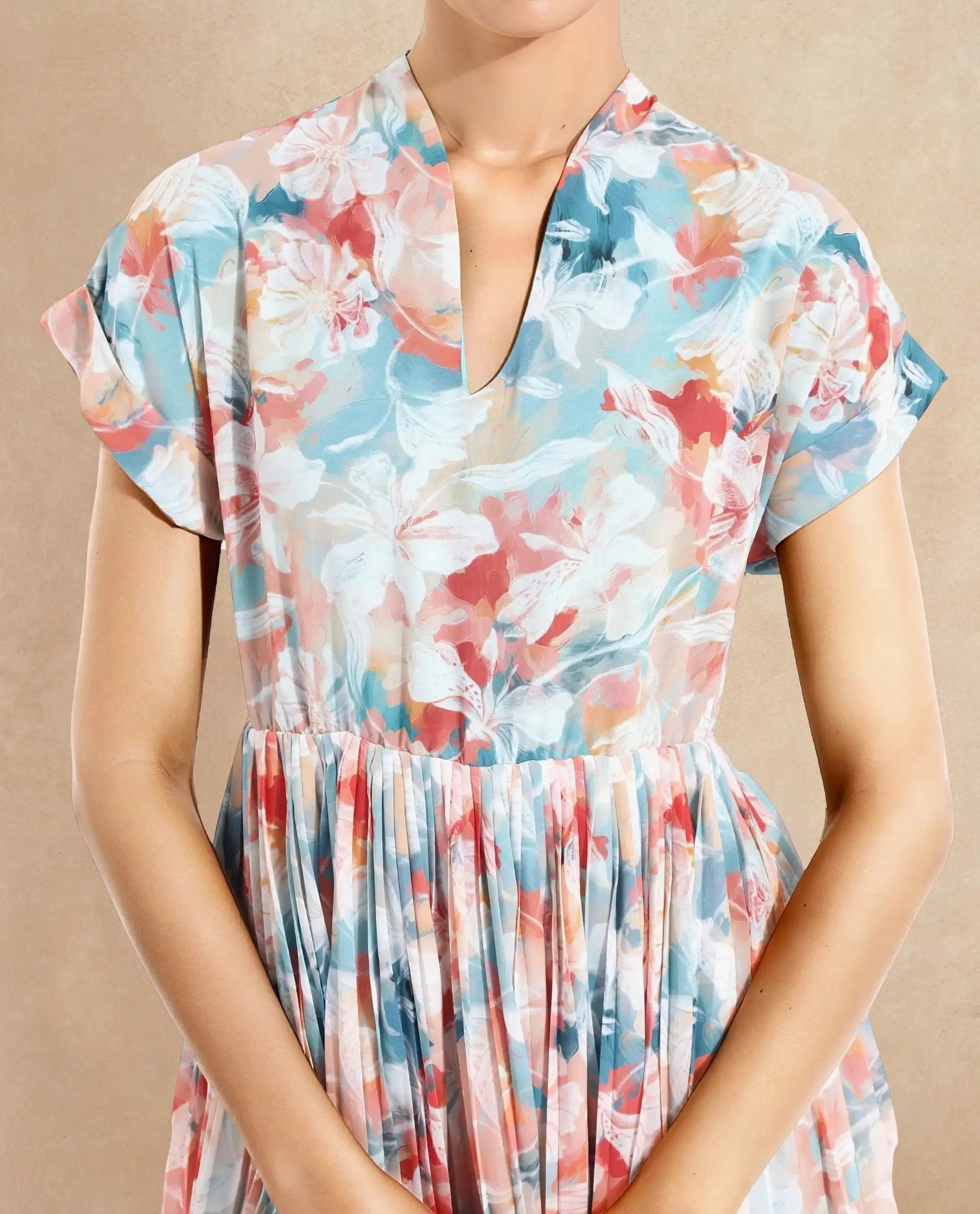 Rareism Women Zinuzu Light Multi Extended Sleeves V-Neck Fit And Flare Midi Floral Print Dress