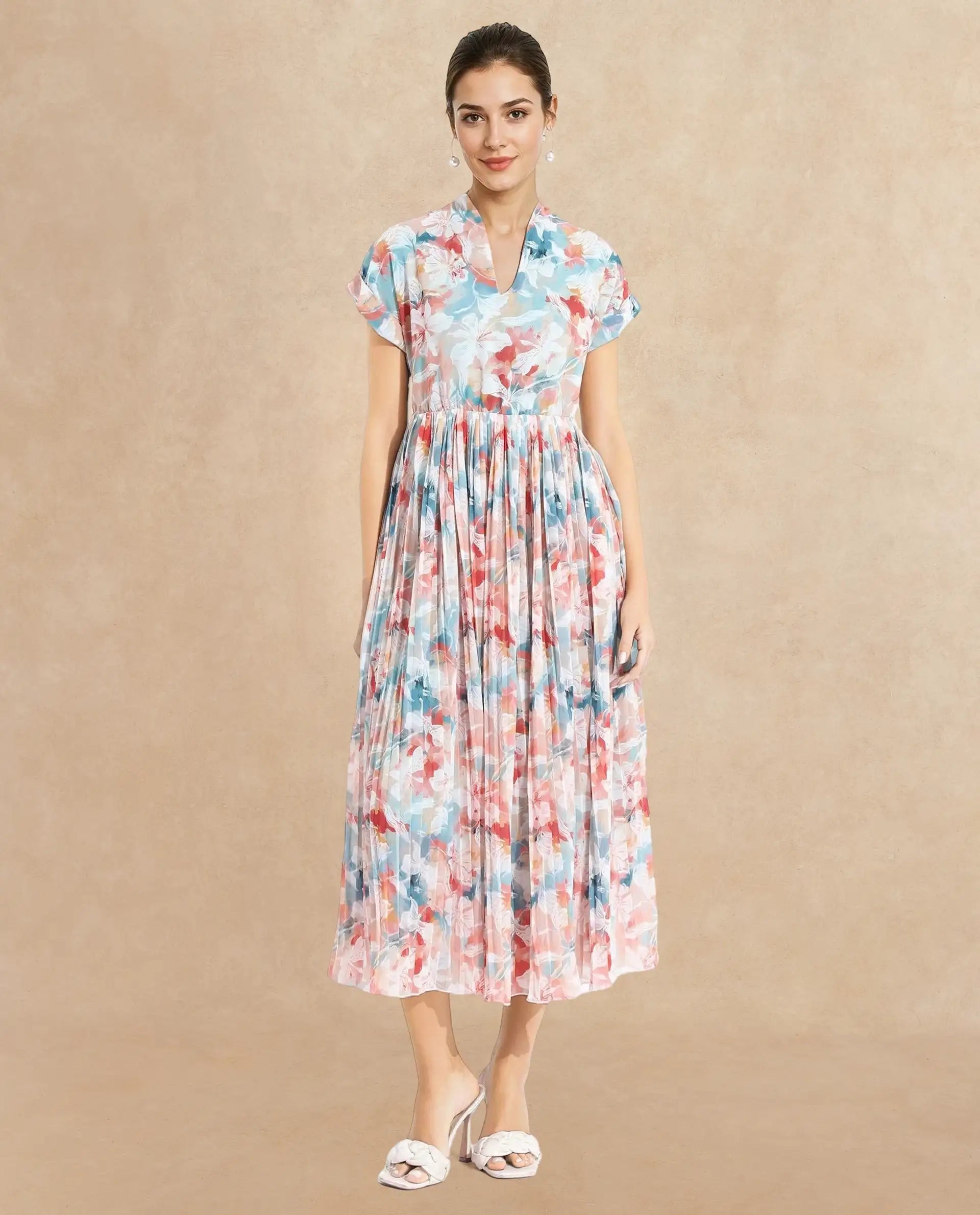 Rareism Women Zinuzu Light Multi Extended Sleeves V-Neck Fit And Flare Midi Floral Print Dress