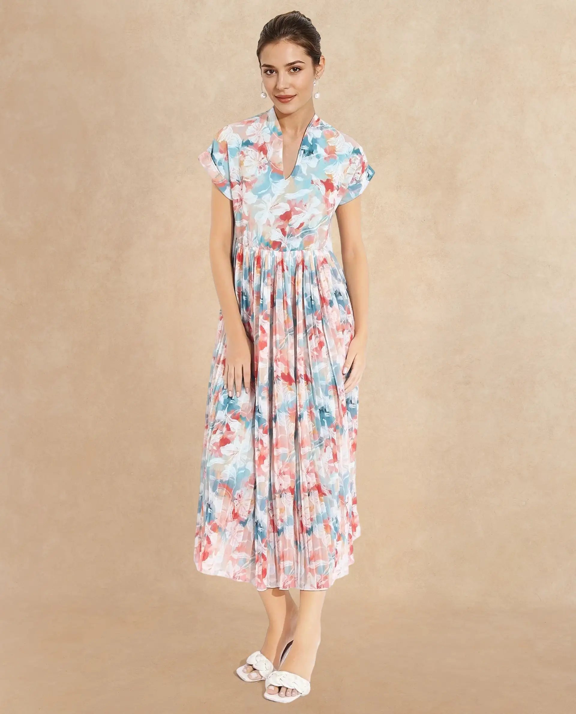 Rareism Women Zinuzu Light Multi Extended Sleeves V-Neck Fit And Flare Midi Floral Print Dress