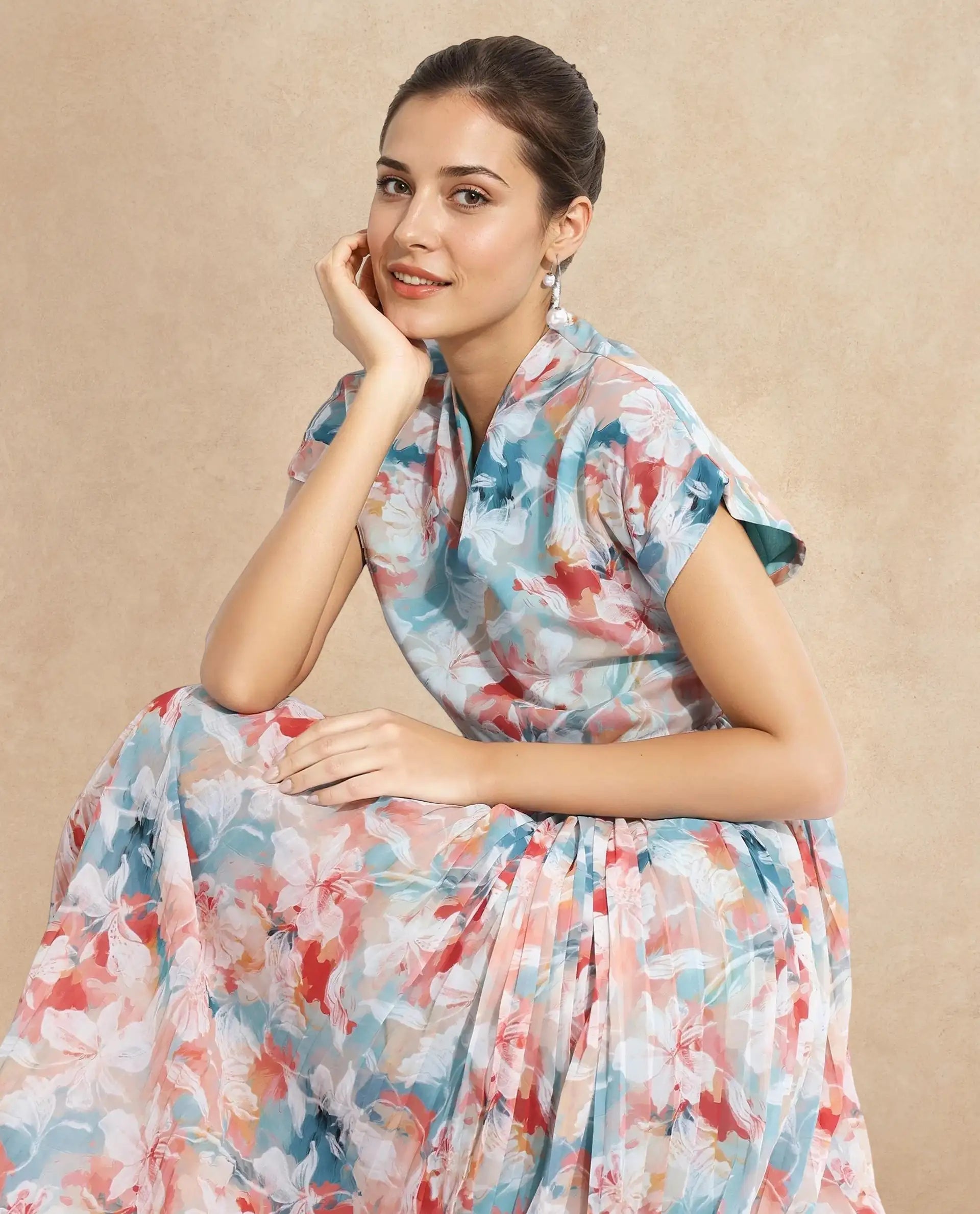 Rareism Women Zinuzu Light Multi Extended Sleeves V-Neck Fit And Flare Midi Floral Print Dress