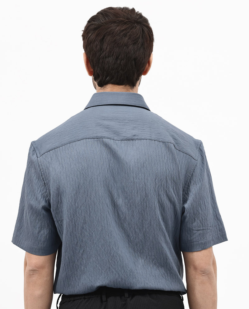 Rare Rabbit Mens Zion Dark Blue Cotton Fabric Half Sleeve Textured Solid Shirt
