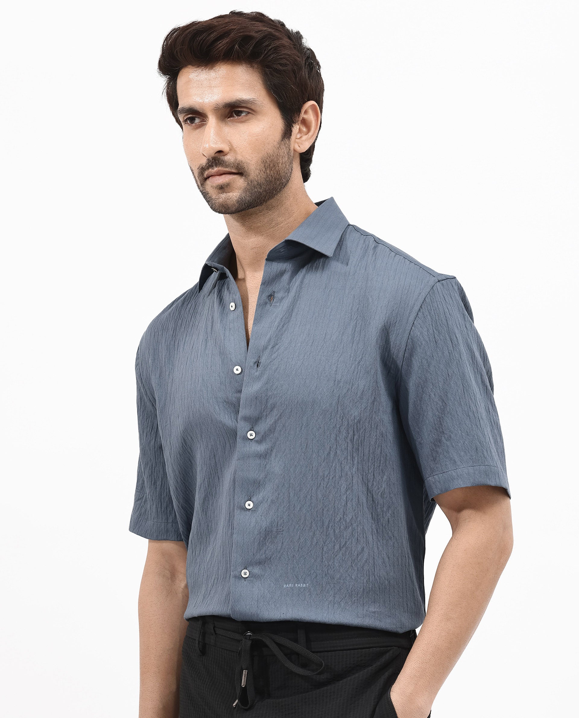 Rare Rabbit Mens Zion Dark Blue Cotton Fabric Half Sleeve Boxy Fit Textured Solid Shirt