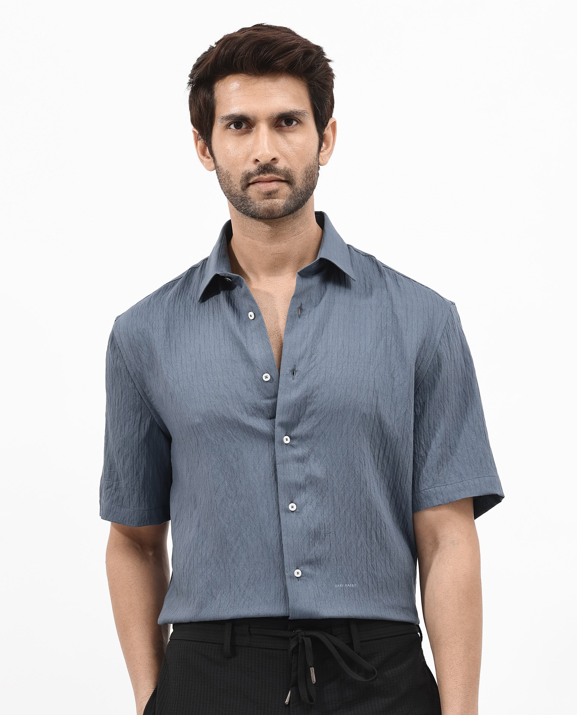 Rare Rabbit Mens Zion Dark Blue Cotton Fabric Half Sleeve Boxy Fit Textured Solid Shirt